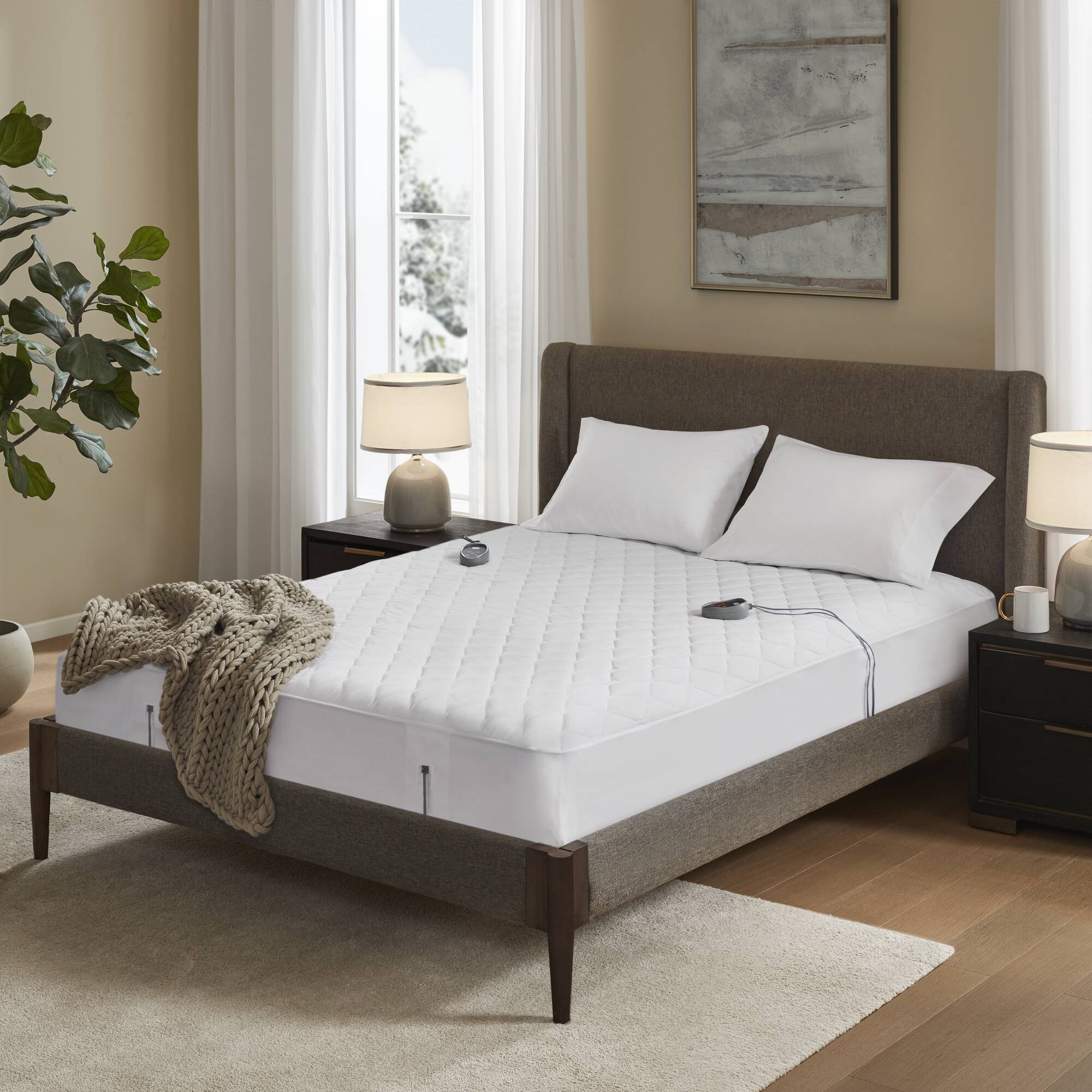 Cotton - Queen Cotton Deep Pocket Heated Mattress Pad-20 Heat Settings - White