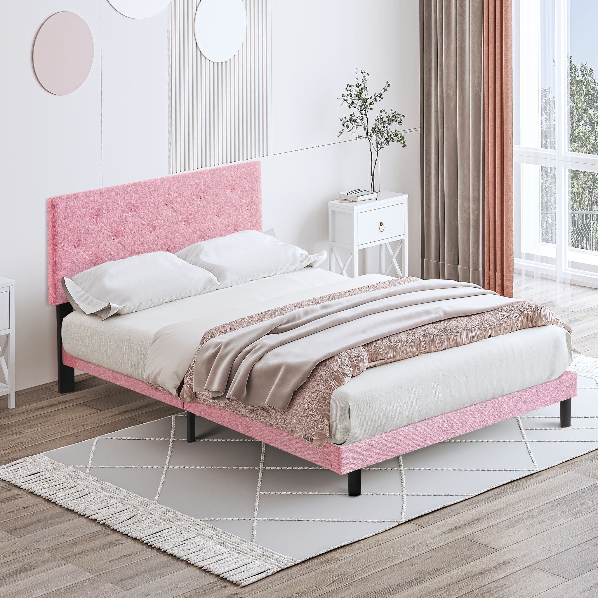 Modern Upholstered Platform Bed Frame With Button Tufted Fabric Headboard