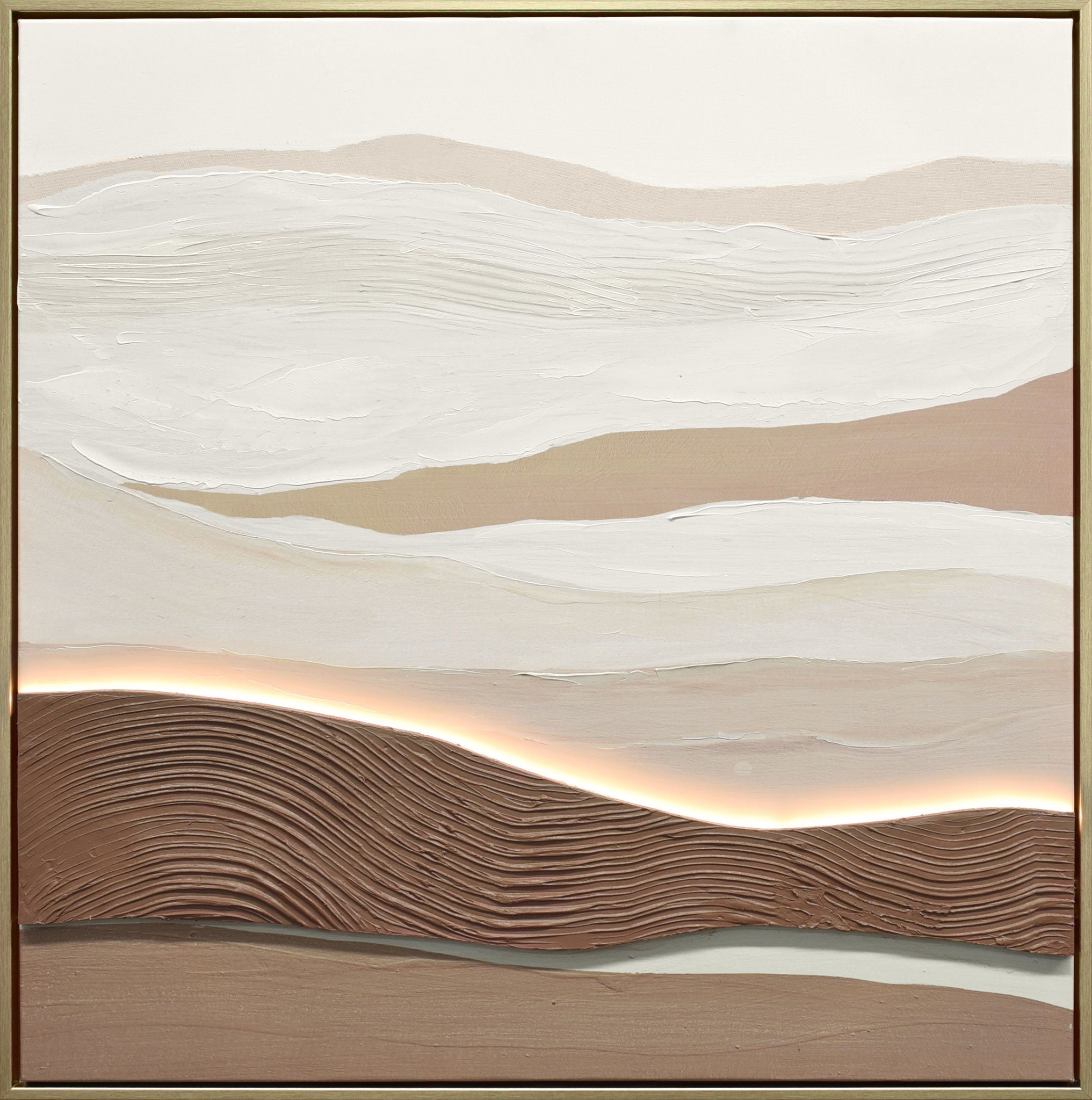 "Desert Glow II" Hand-Embellished LED In Frame - Beige / Brown / White