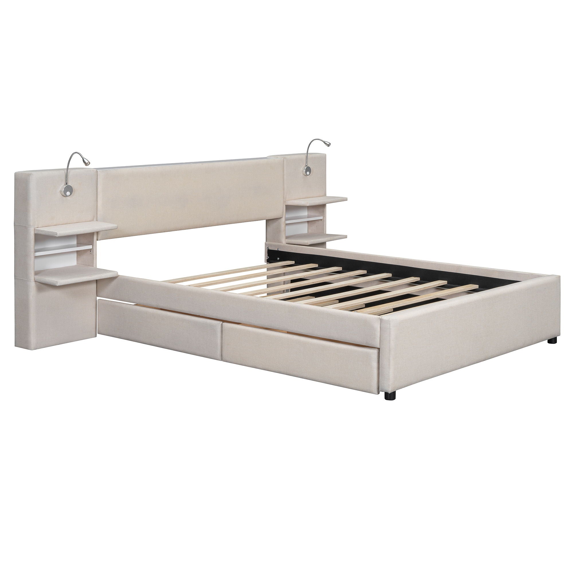 Upholstered Platform Bed With Reading Lights, Drawers, Trundle And Shelves