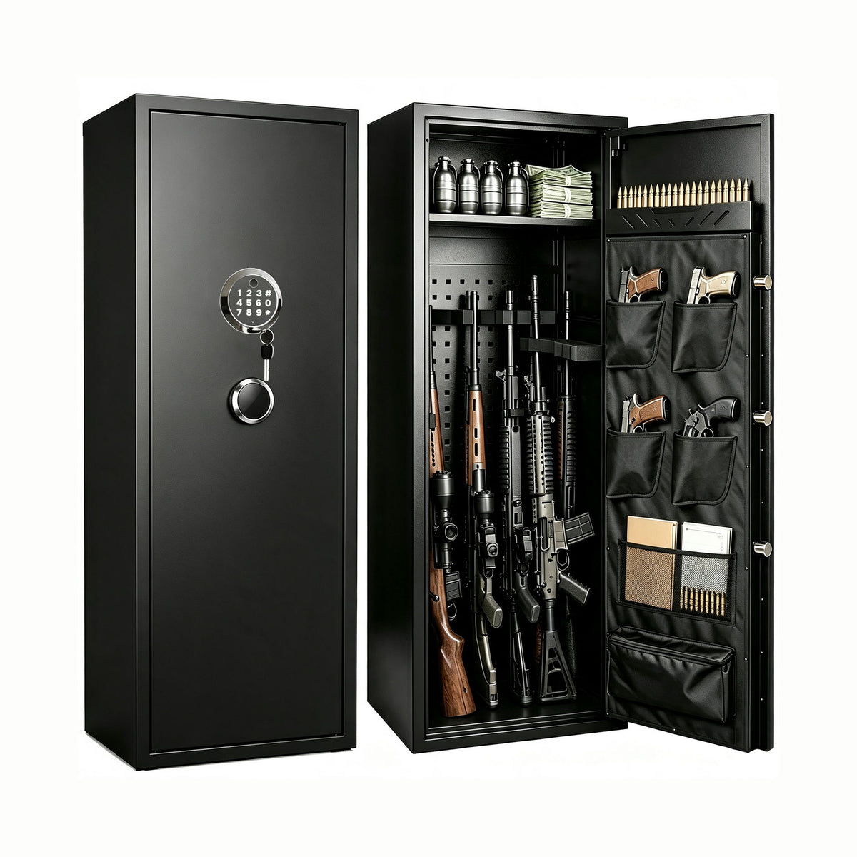 Rifle Safe, Biometric & Keypad Lock, Adjustable Gun Racks With Built In Alarm System
