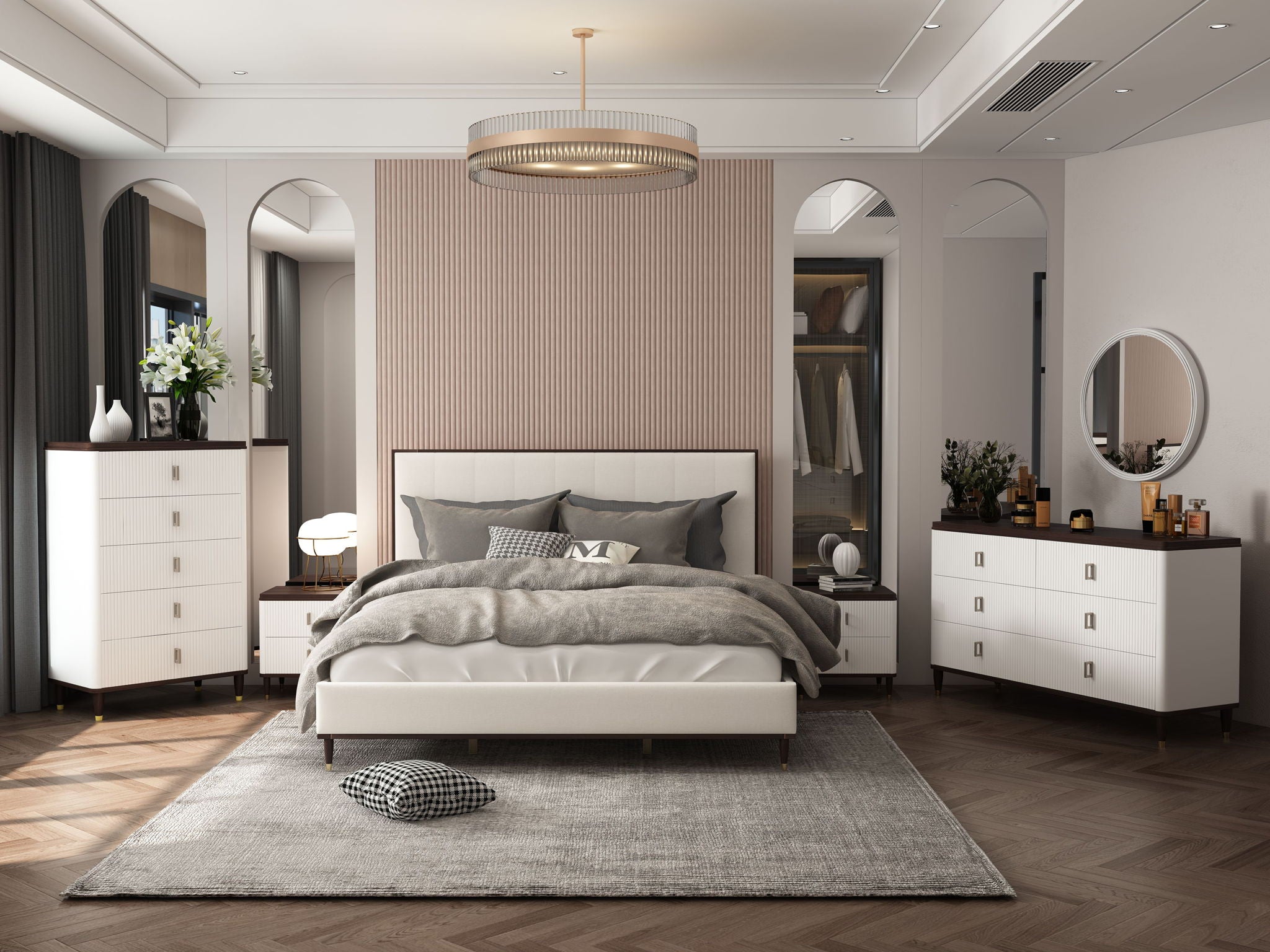 Carena - 5 Piece Bedroom Set (Eastern King Dresser Chest Mirror Nightstand) - Brown / Light Gray / White