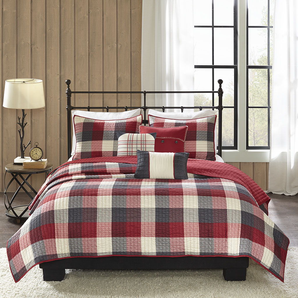 Ridge - 6 Piece Reversible Herringbone Coverlet Set - Red