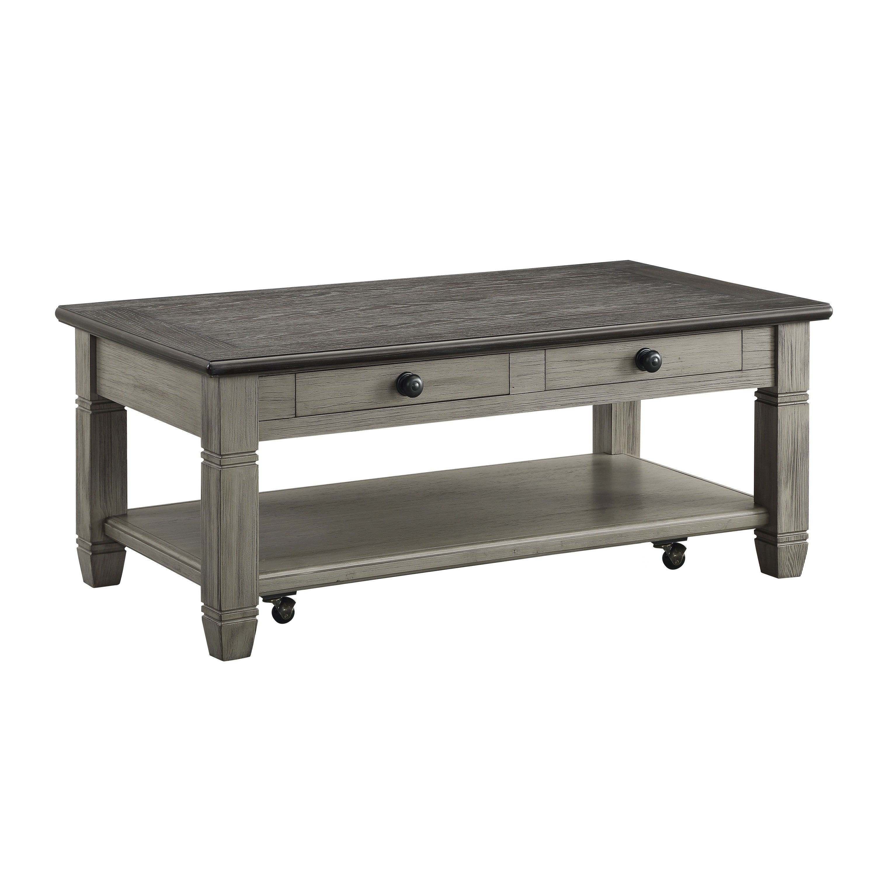 Coffee and Antique Gray Finish 1pc Cocktail Table with Casters 2 Drawers Bottom Shelf Wooden Living Room Furniture