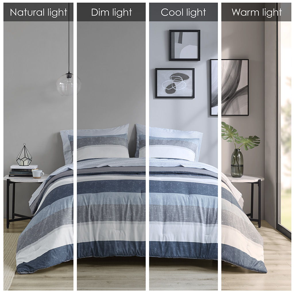 Jaxon - Stripe Comforter Set With Bed Sheets - Blue / Gray