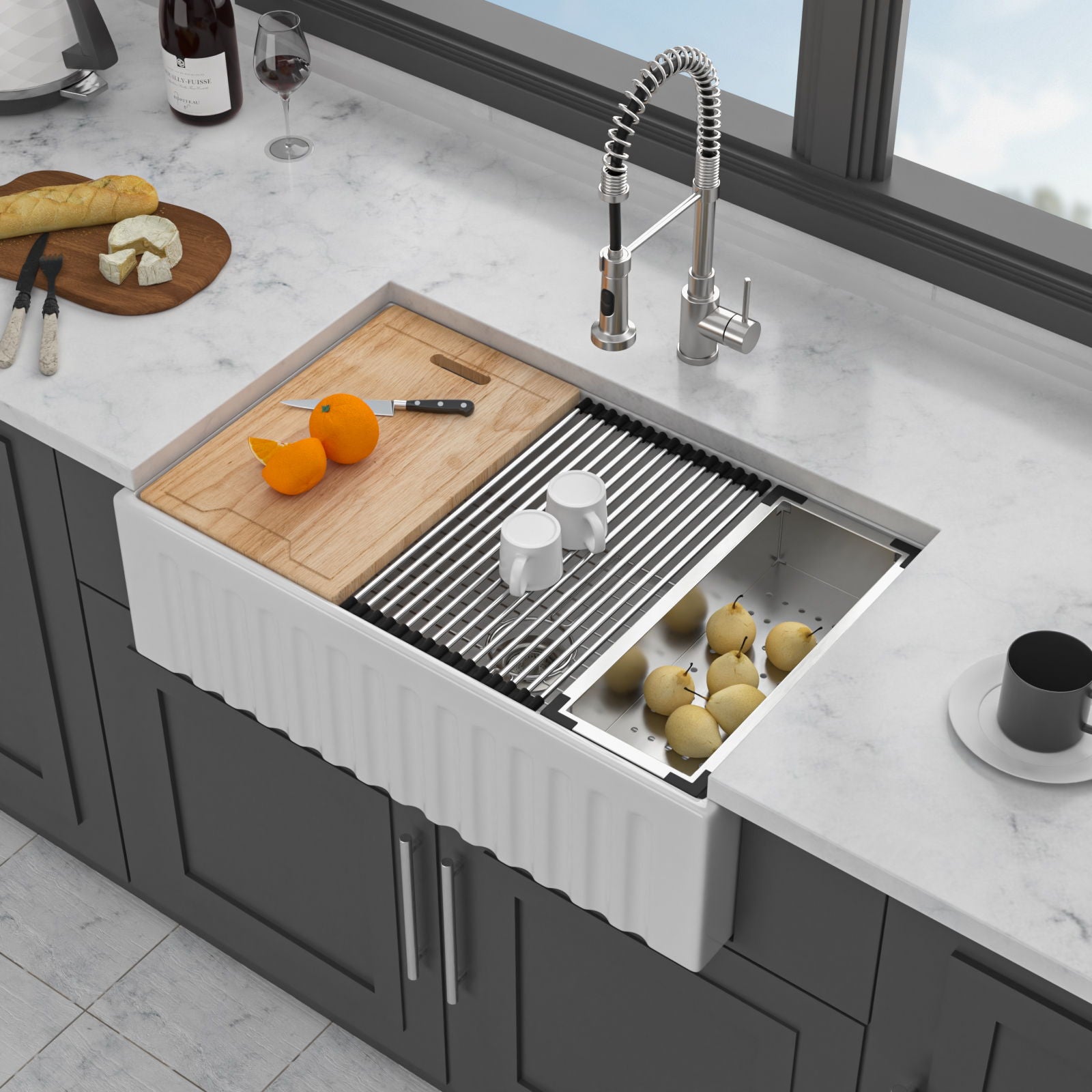 Workstation Single Bowl Apron Front Kitchen Sink - White