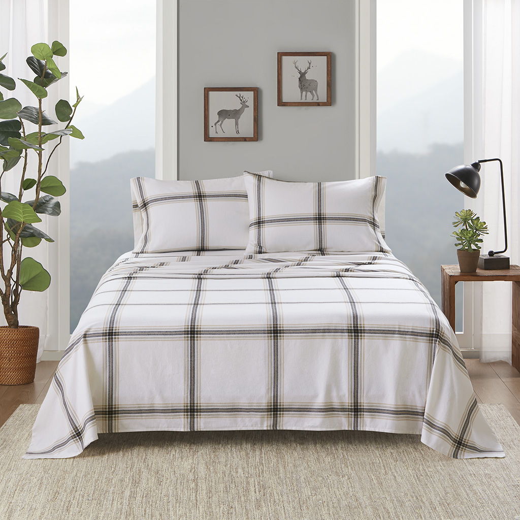 Flannel - 4 Piece California King Sheet Set - Tan Plaid