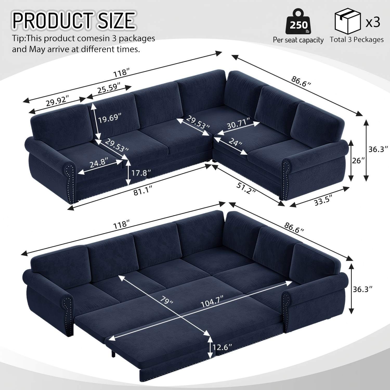 L-Shaped Sofa Couch With Pull Out Bed With Nailhead Trim & Rolled Arm