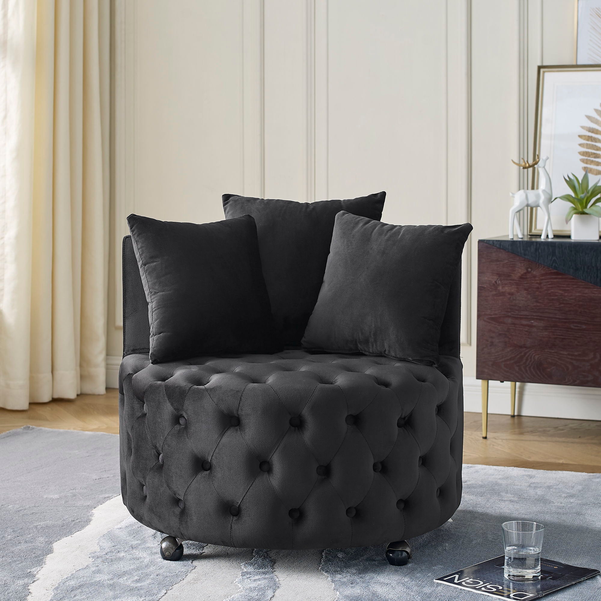 Modern Velvet Upholstered Swivel Chair With Button Tufted Design Movable Wheels 3 Pillows - Black