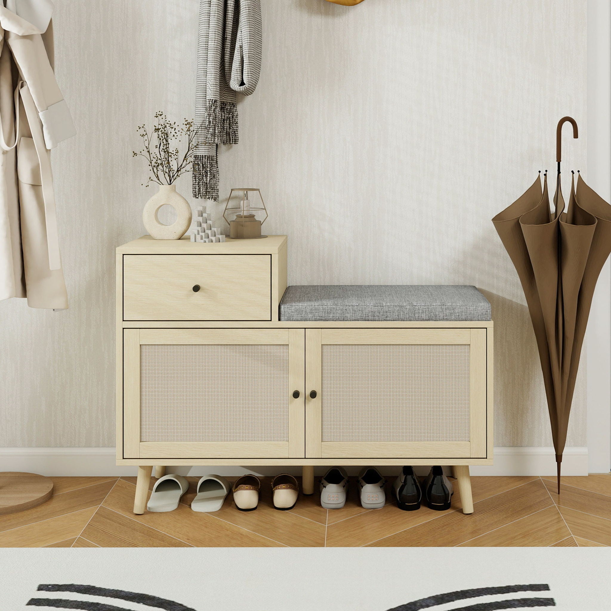 2 Door Shoe Cabinet With 1 Drawer, Freestanding Modern Shoe Storage Cabinet, For Entryway - Natural