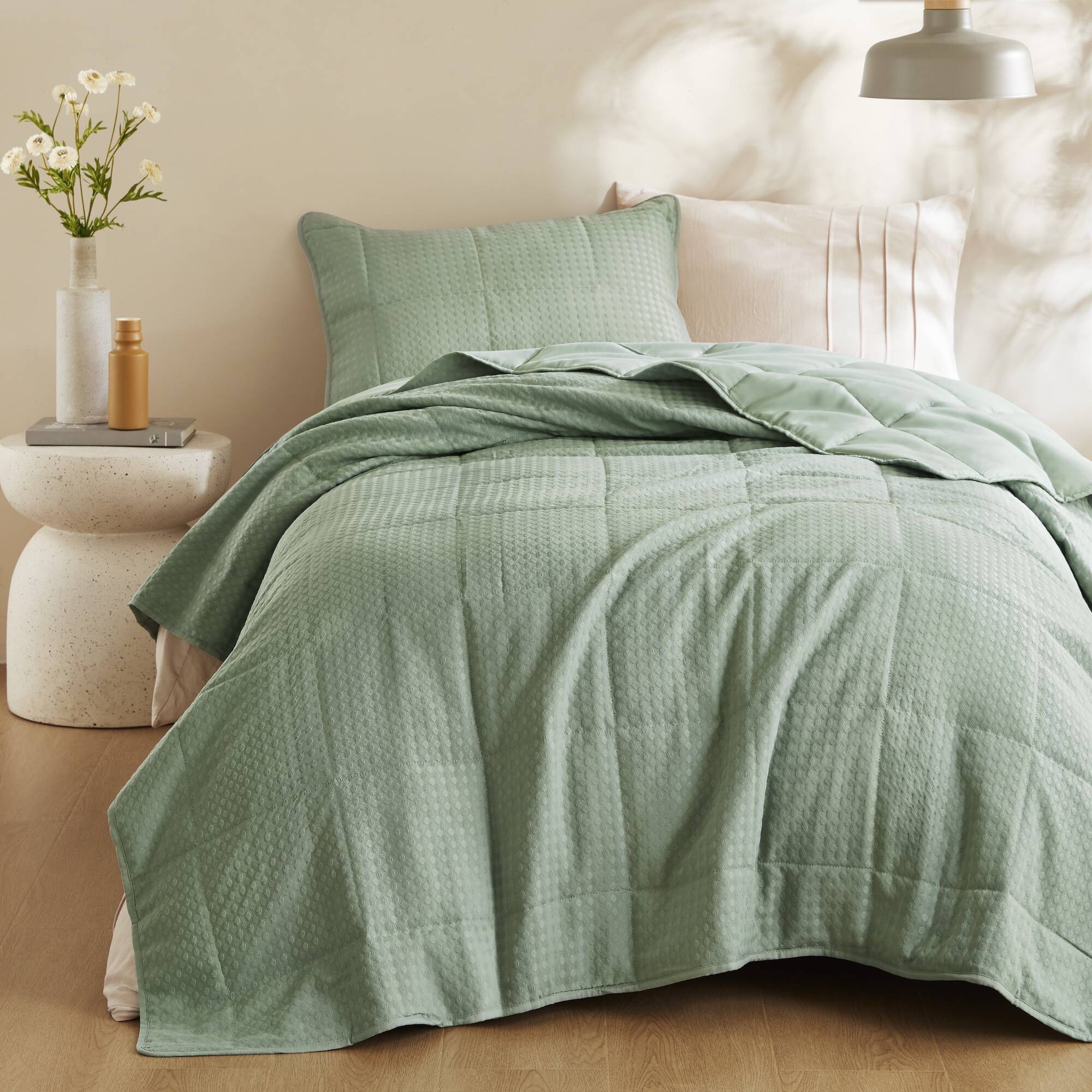 Mina - Twin/Twin Long Waffle Weave Textured Quilt Set - Green