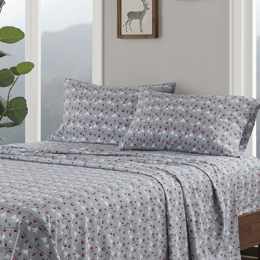 Flannel - 4 Piece Full Sheet Set - Gray Ski Jump