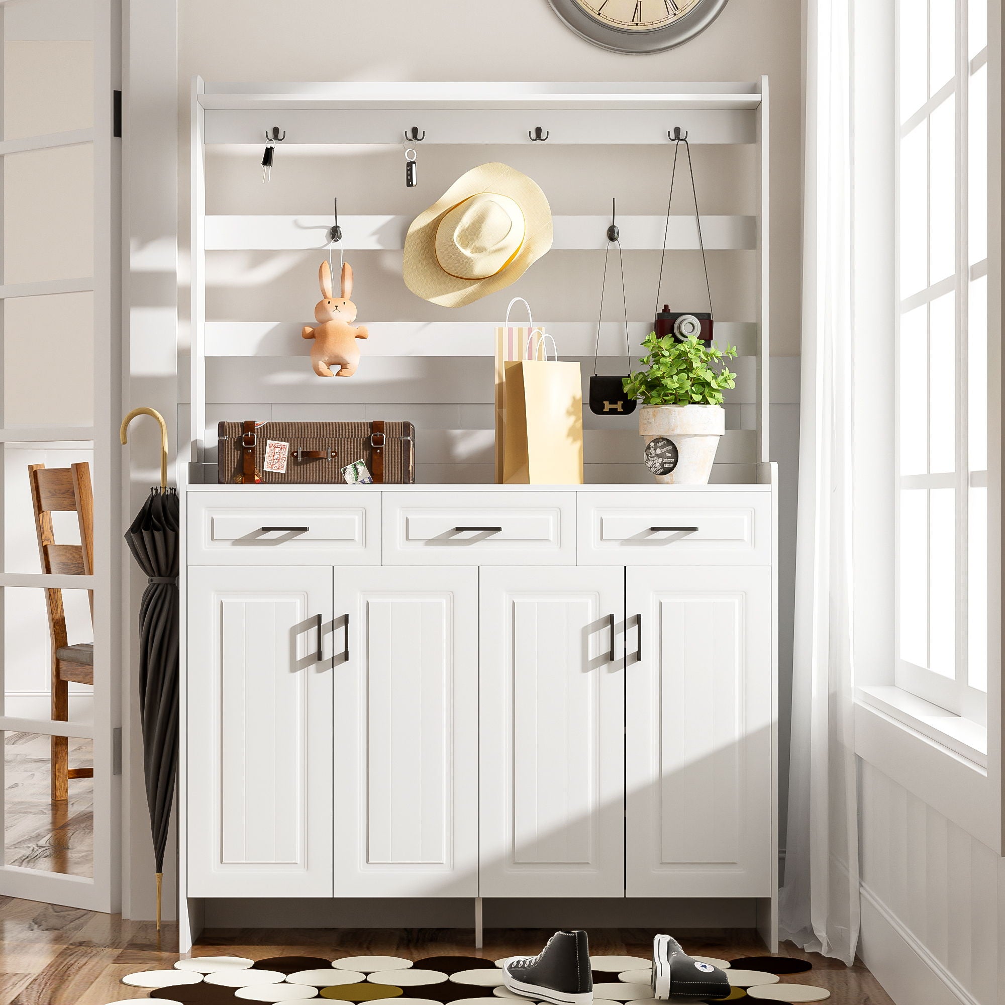 Minimalist 4 Door Shoe Cabinet With Coat Rack, 3 Drawers, 8 Shelves, Metal Hooks And Handles