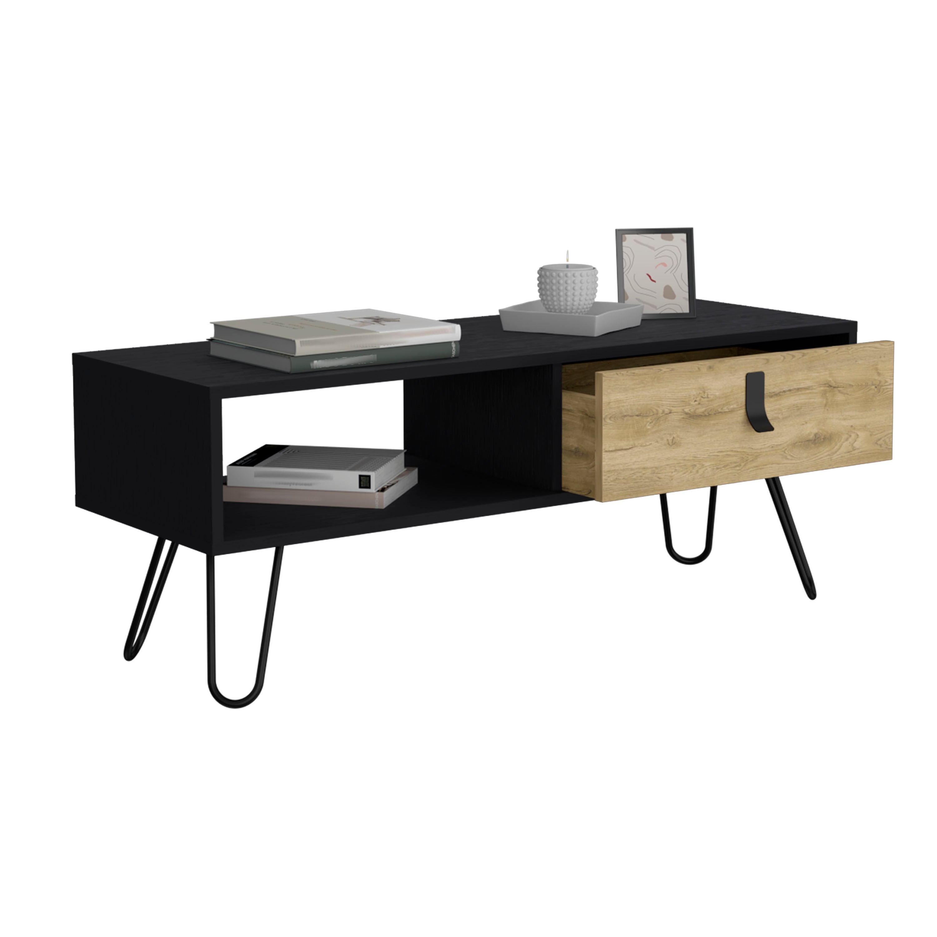 Huna Coffee Table with Hairpin Legs and Ample Storage Drawer