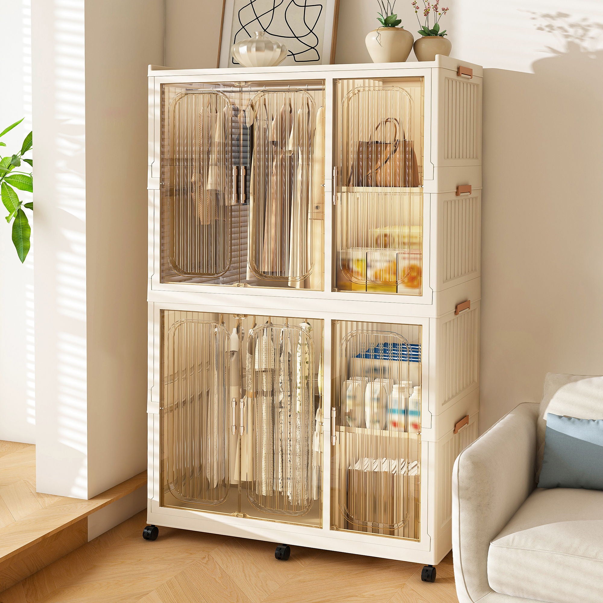 Portable Wardrobe Closet Storage Organizer For Clothes, 6 Magnetic Doors With 6 Cubes & 2 Hanging Rods, 6 Hangers - Cream White