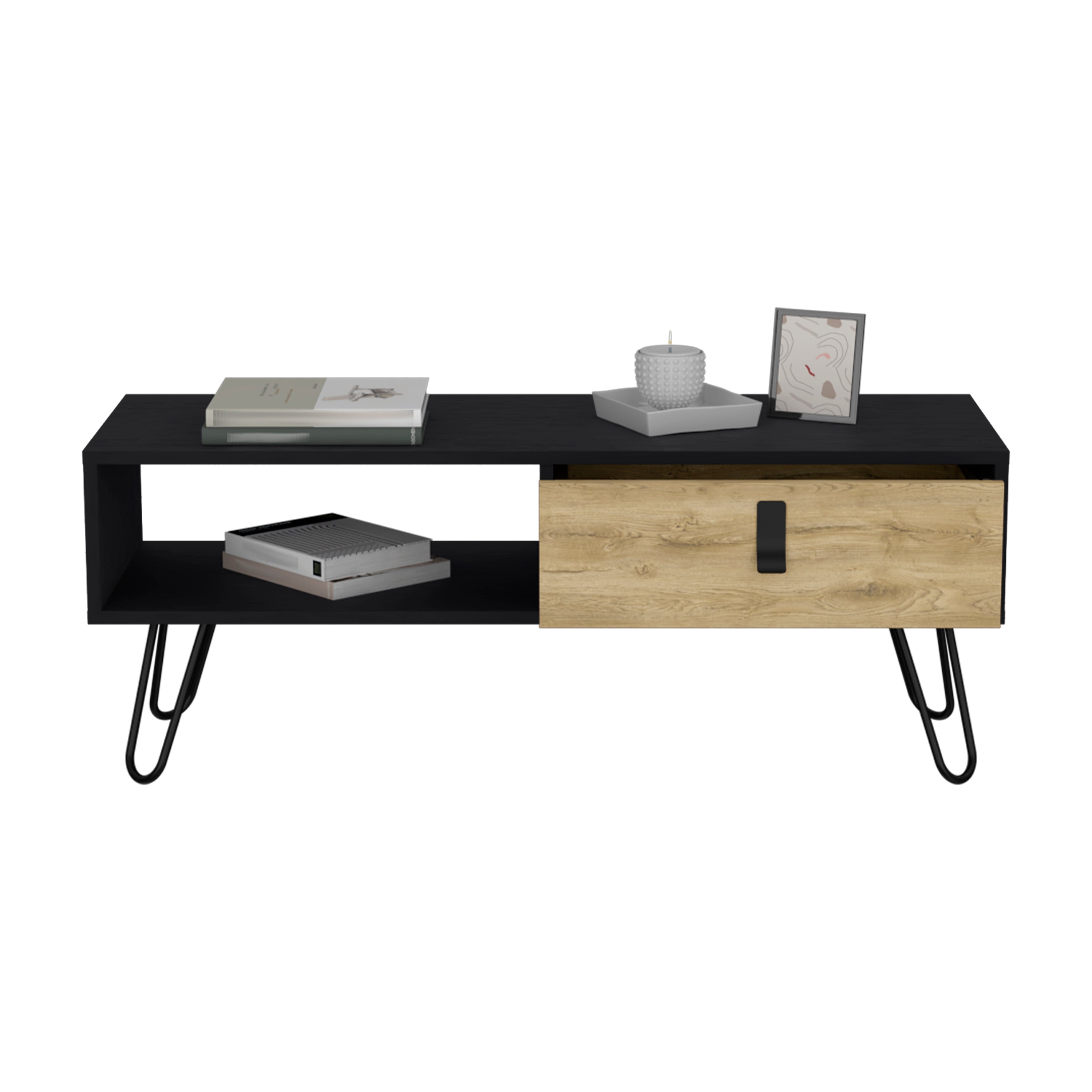 Huna Coffee Table with Hairpin Legs and Ample Storage Drawer