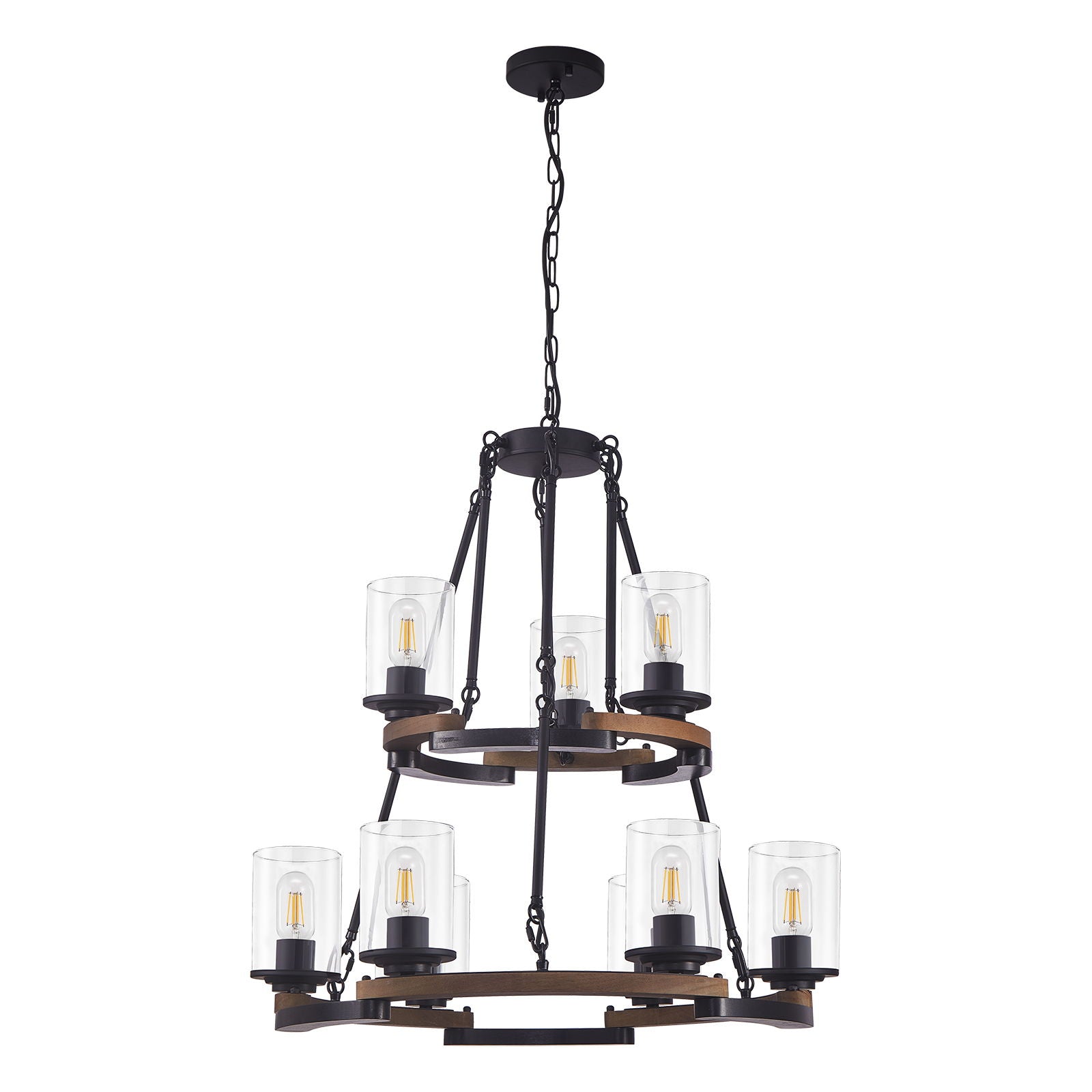 Wagon Wheel Chandelier, Ceiling Light With Adjustable Height - Black / Brown