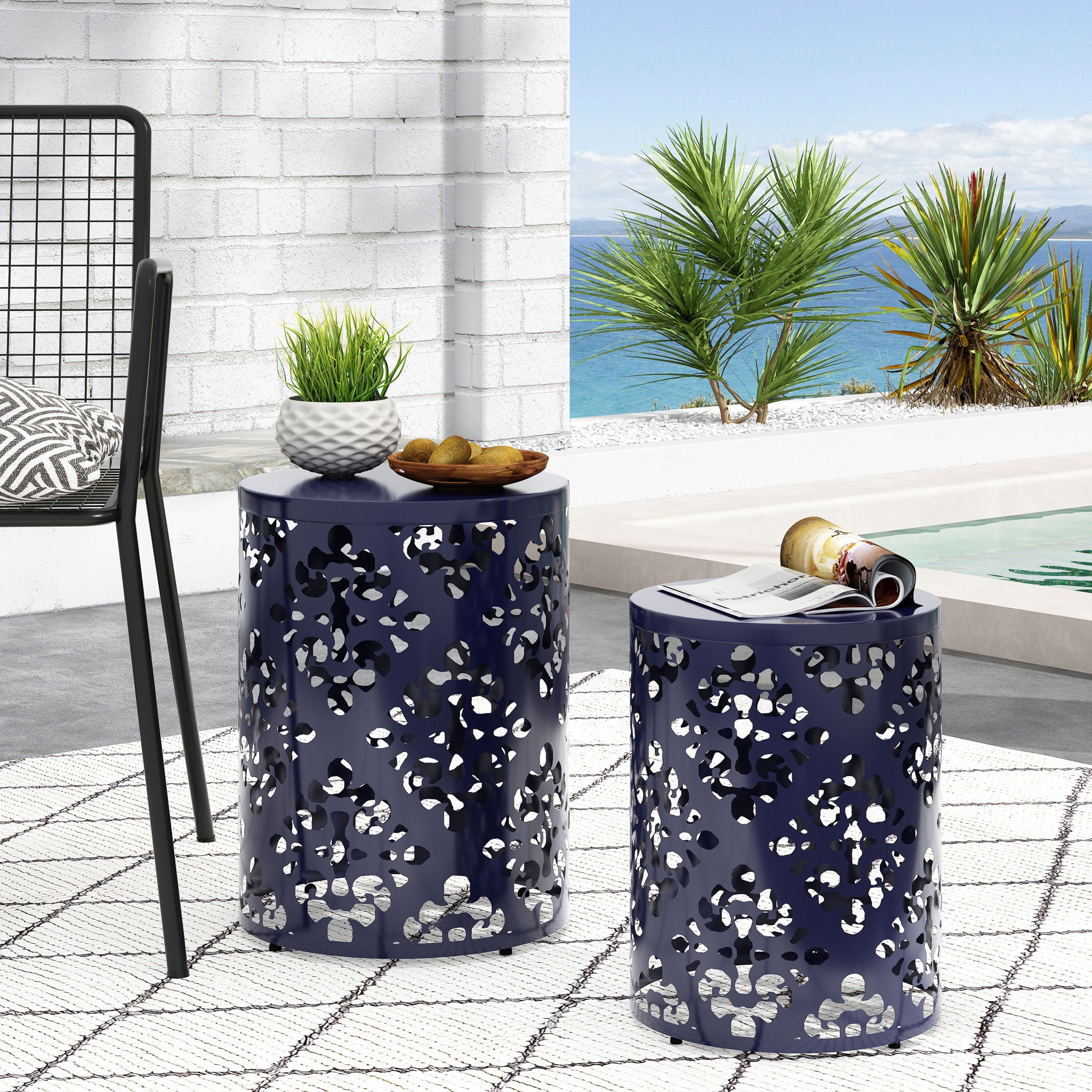 Modern Iron Cut Design End Table (Set of 2) - Navy Blue