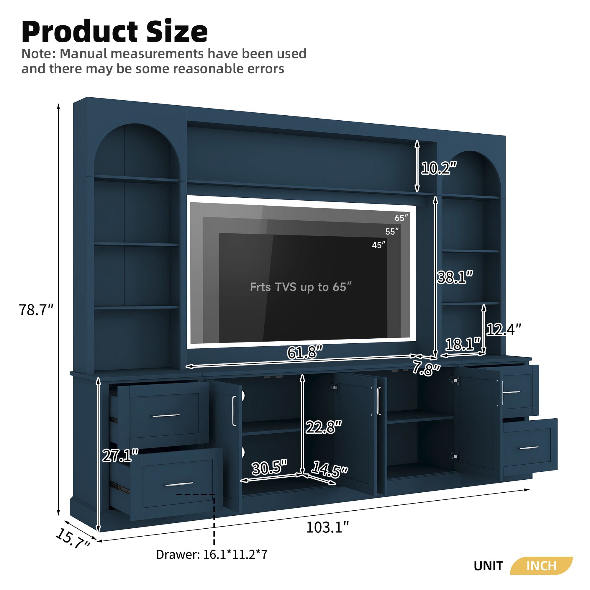 Arched Entertainment Center Wall Unit With Drawers, TV Stand