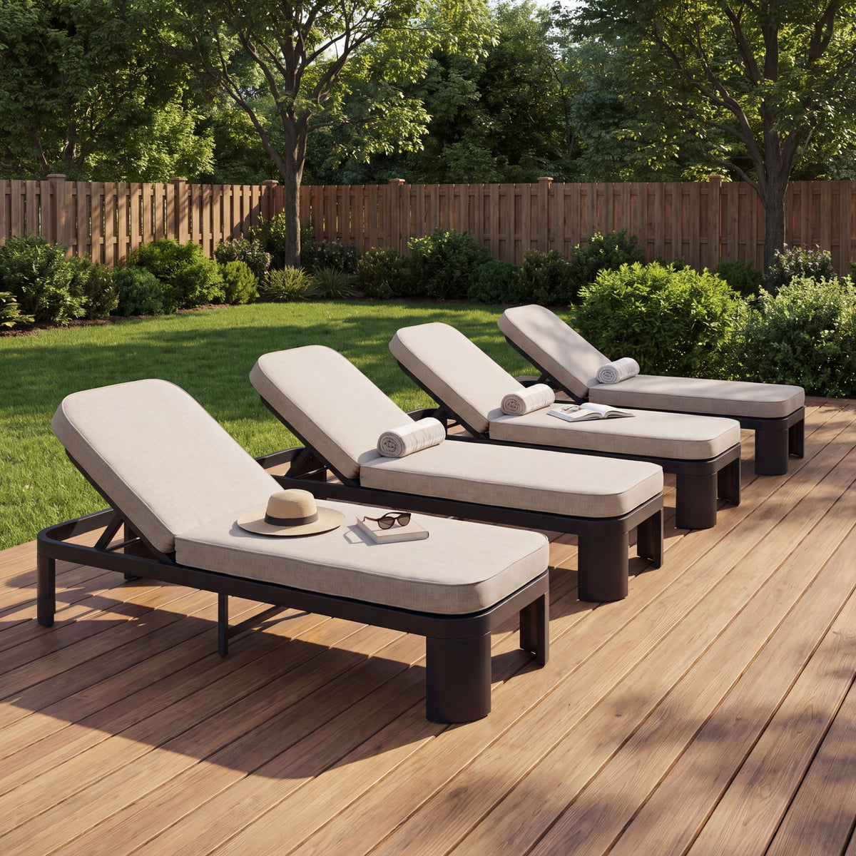 Outdoor Chaise Lounge With Cushion, 5 Position Adjustable Backrest