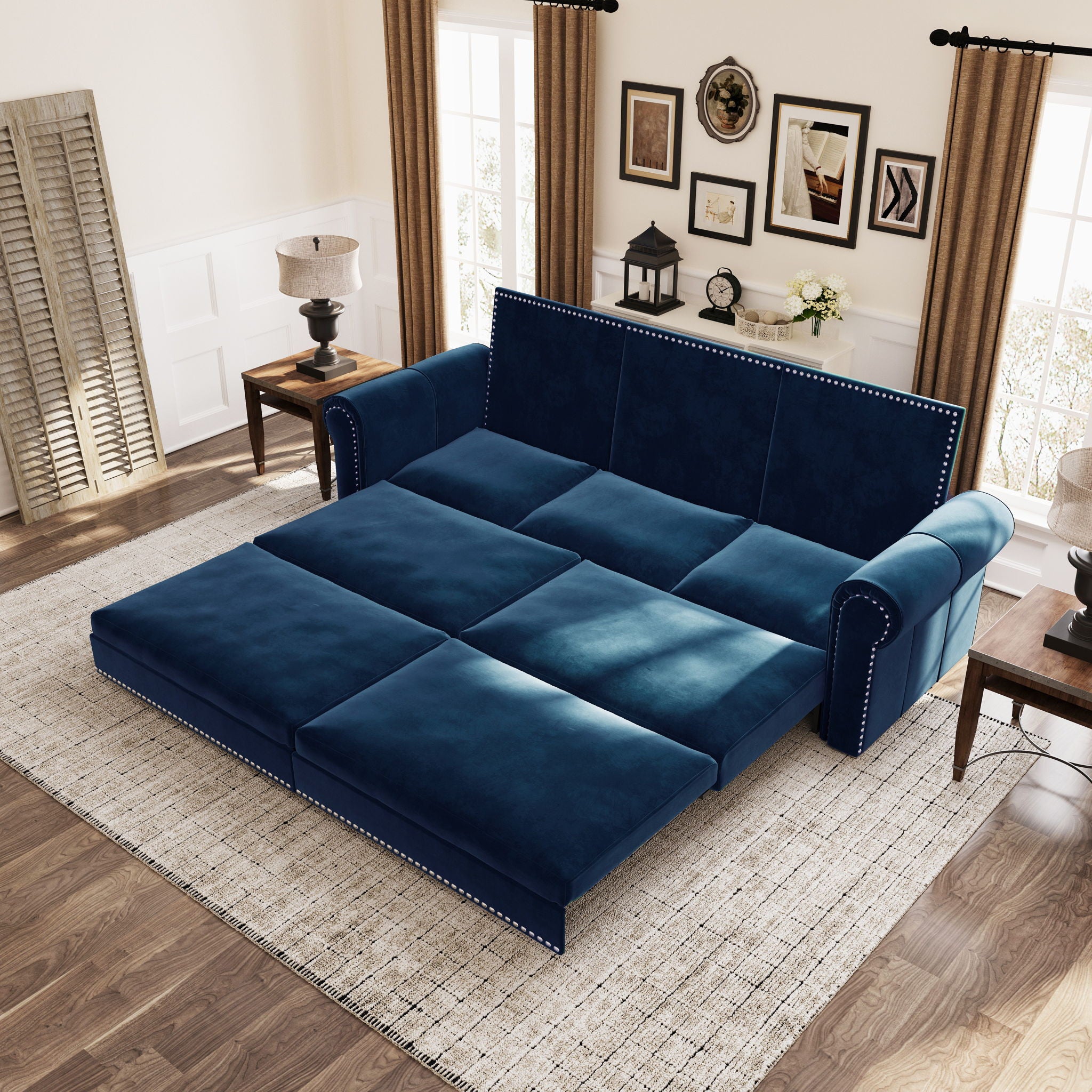 3 In 1 Convertible Sleeper Sofa With Nailhead Trim & Rolled Arm