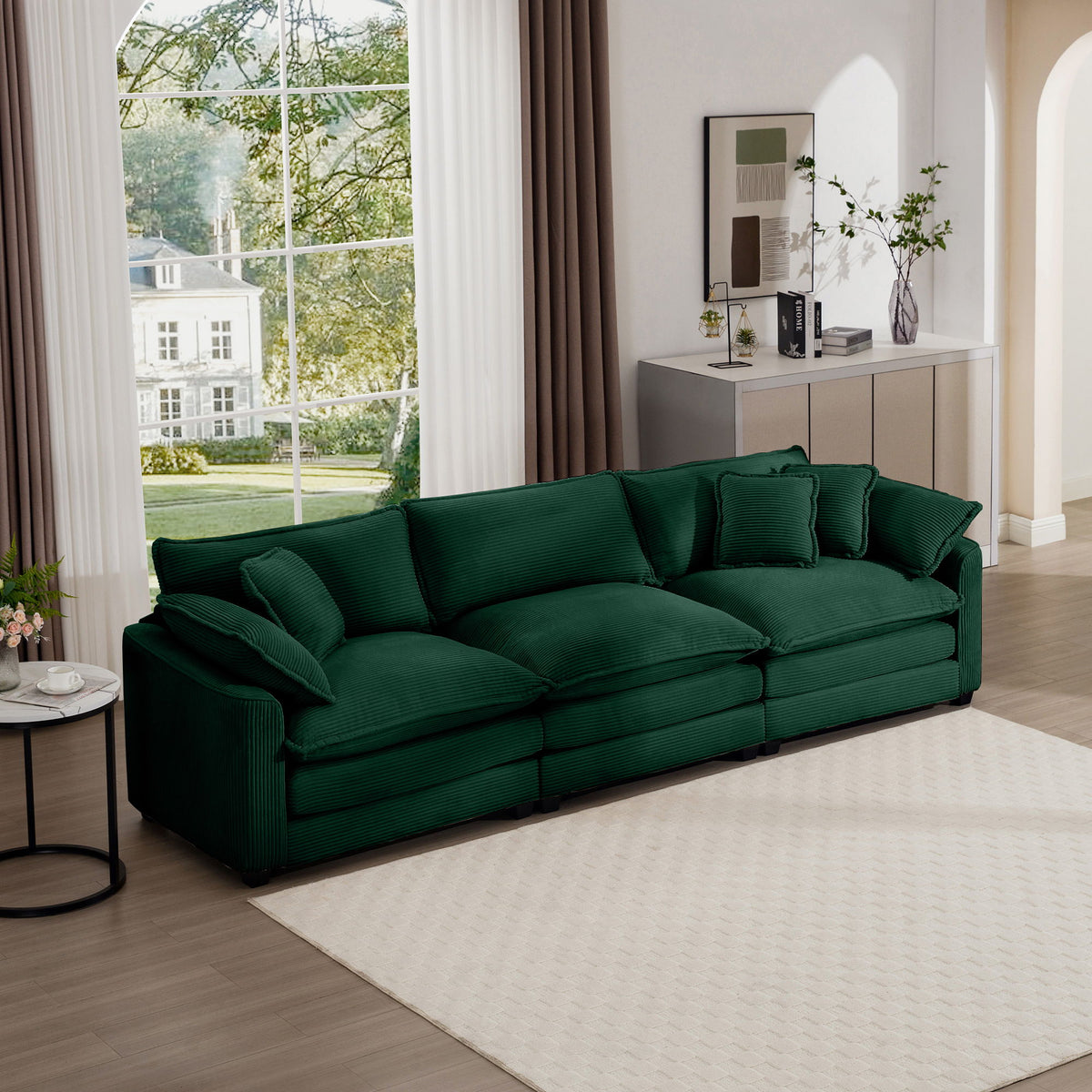 Mid-Century Modern 3 Seater Sectional Sofa With Arm And Throw Pillows