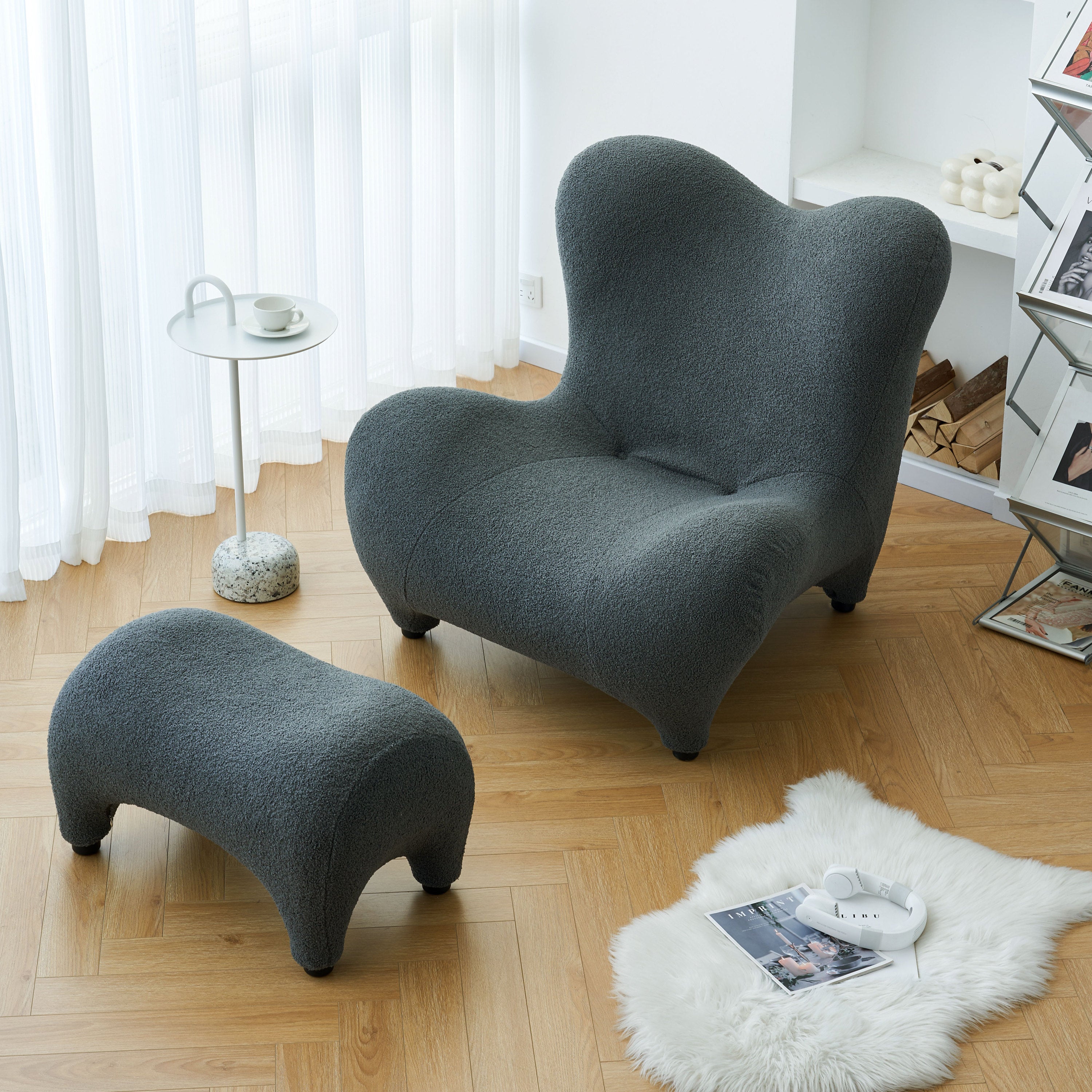 Modern Accent Chair and Ottoman Set, High Back Sherpa Blouce Fabric Armchair with Footstool for Living Room, Lounge, Bedroom, Reading Room, Office