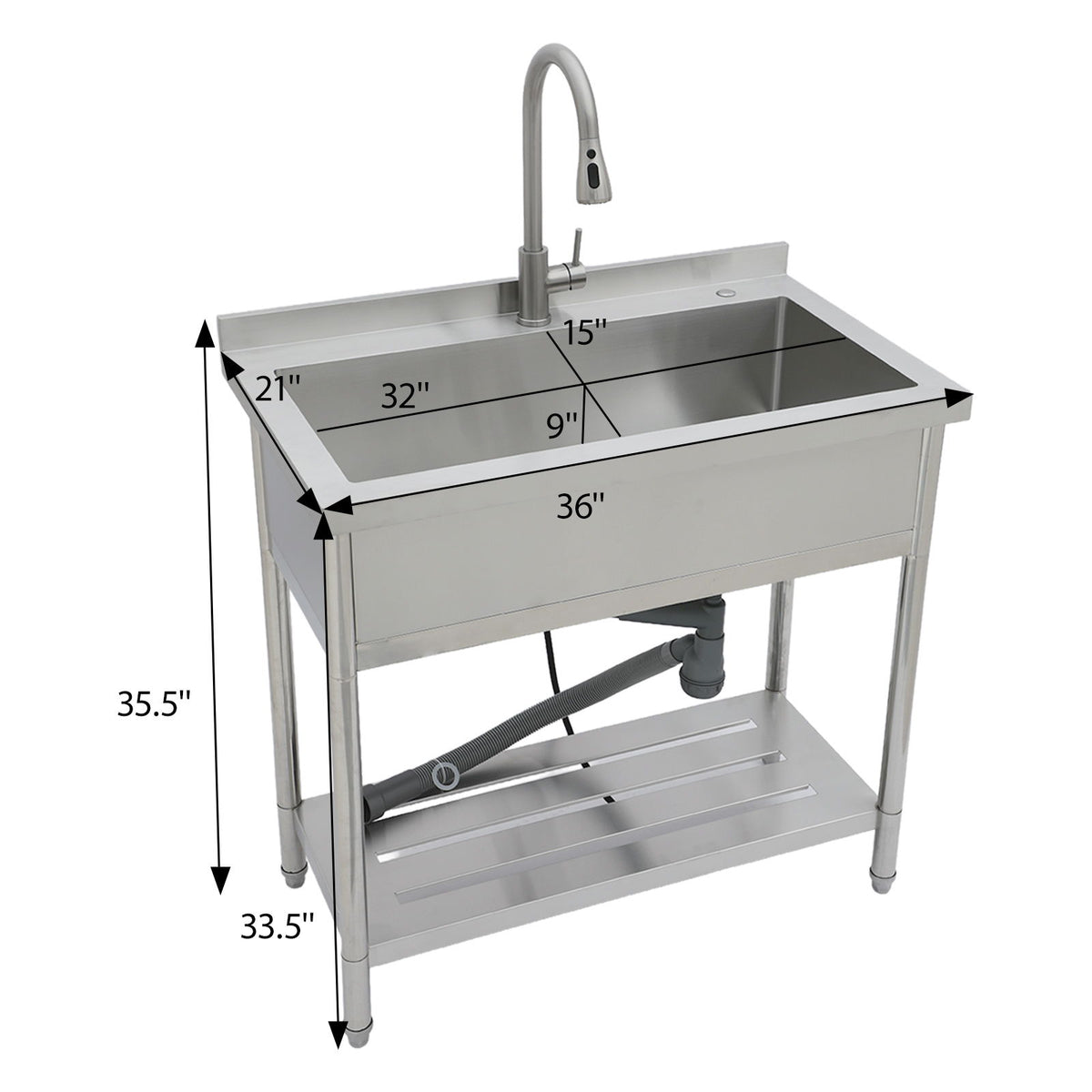 Stainless Steel Freestanding Utility Sink With Pull Out Faucet, Large Single Bowl - Brushed Nickel