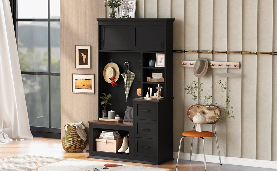 Modern Wide Hall Tree With Coat Rack, 3 Shelves And Drawers, 3 Sturdy Hooks