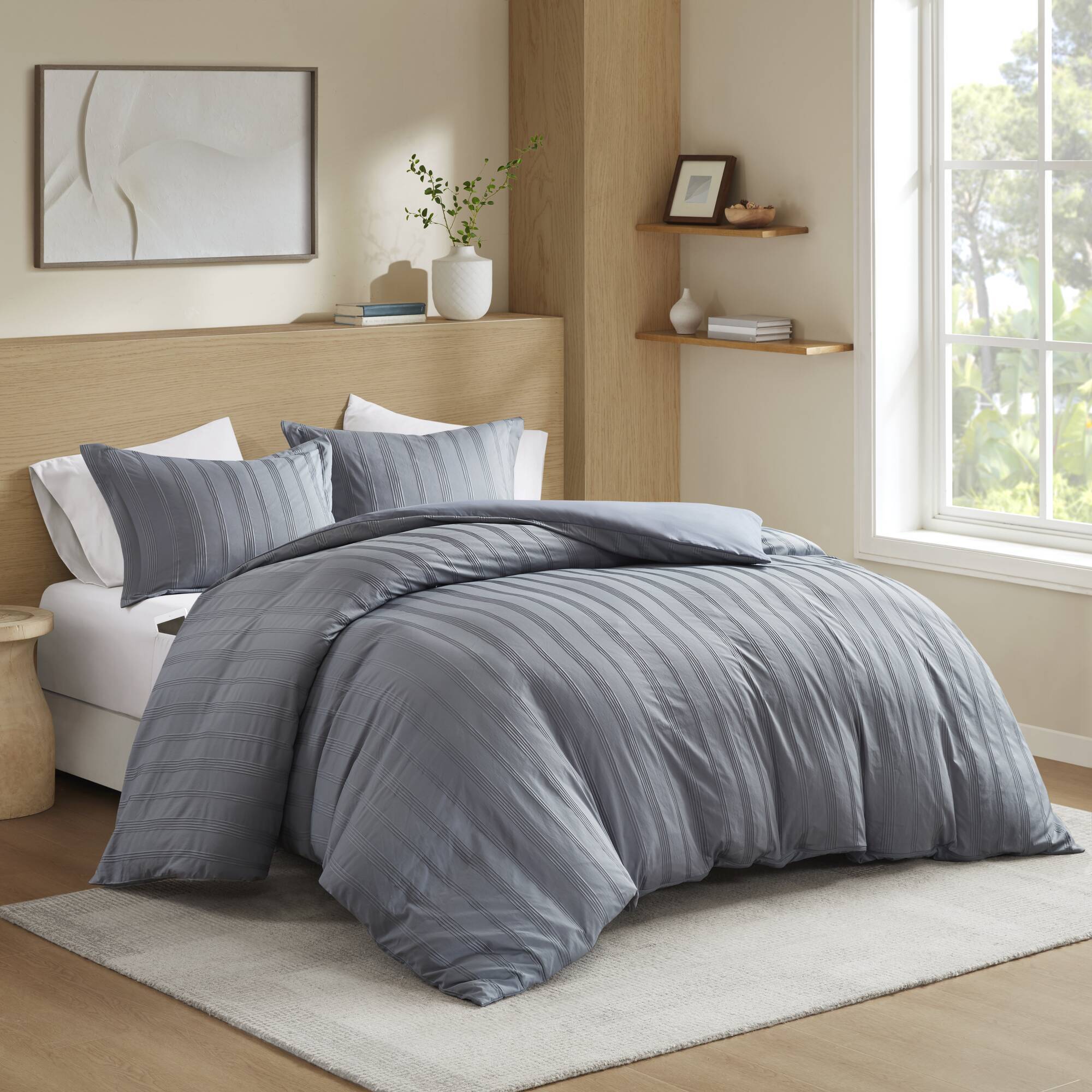 Logan - King Striped Duvet Set - Blue / Gray