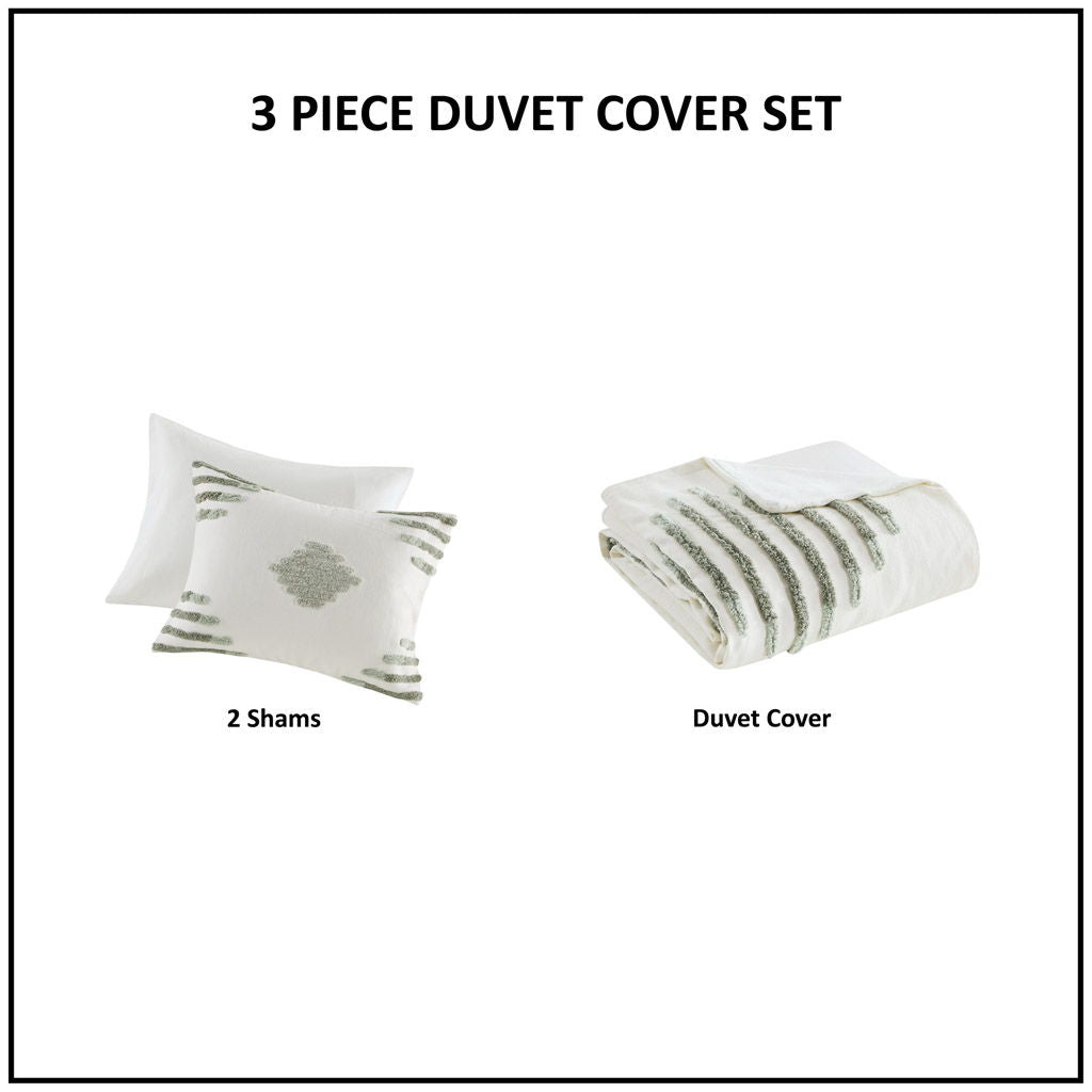 Tahli - 3 Piece Cotton Blend Chenille Duvet Cover Set - Green / Ivory