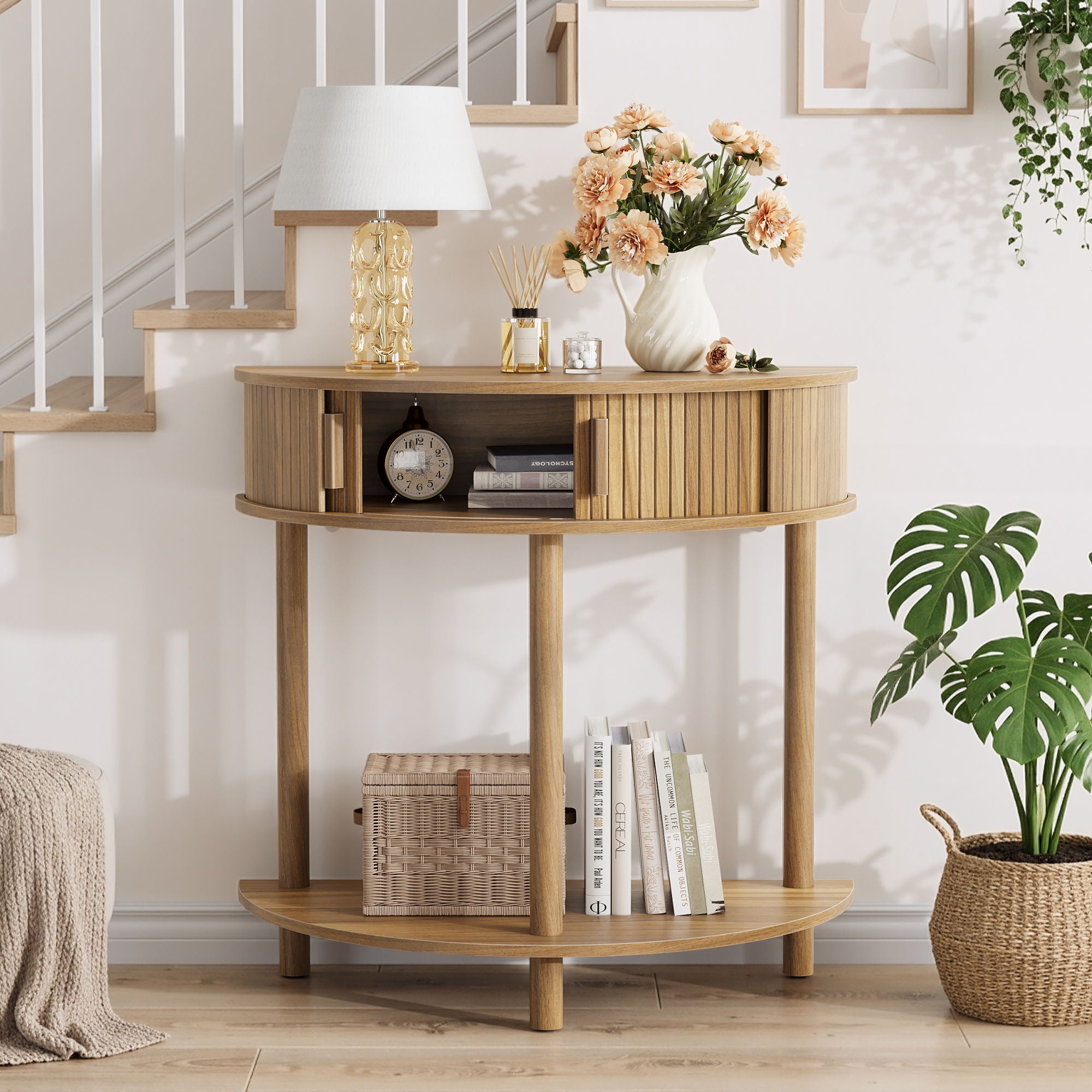 Half Moon Console Table For Living Room - Walnut