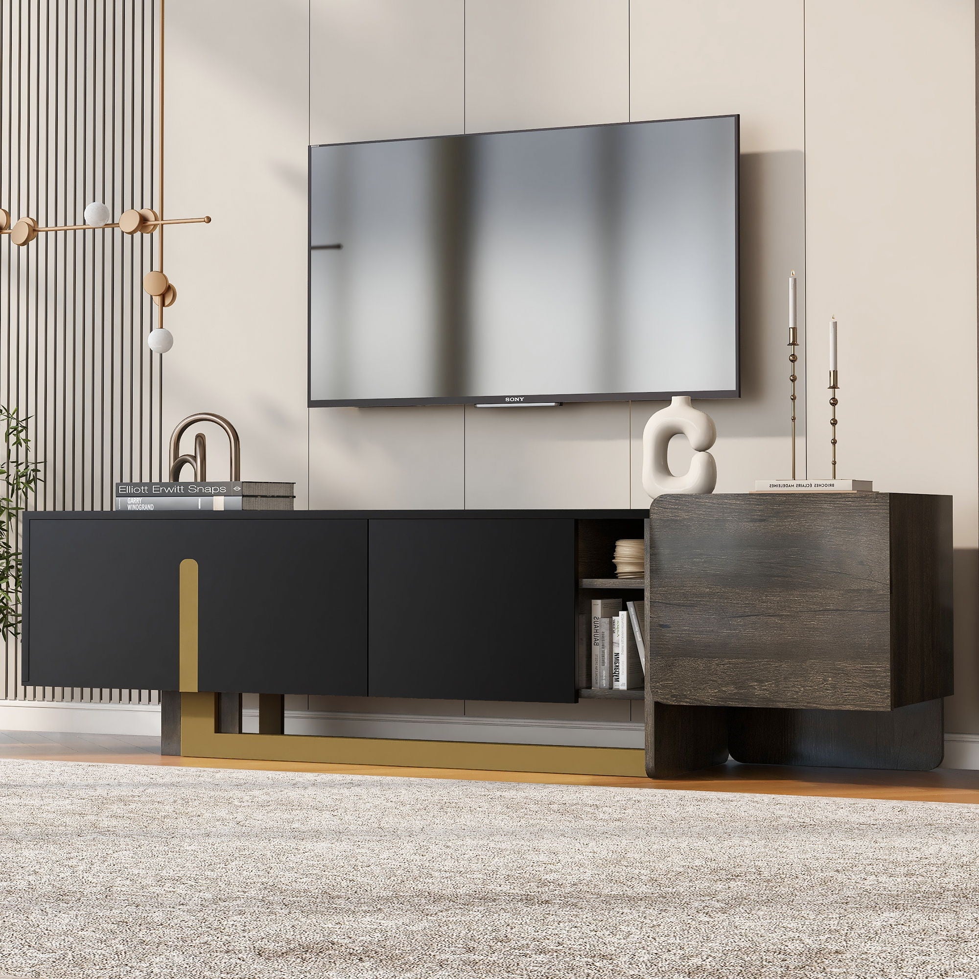 TV Stand With 1 Drawer, 2 Cabinets And Adjustable Shelves