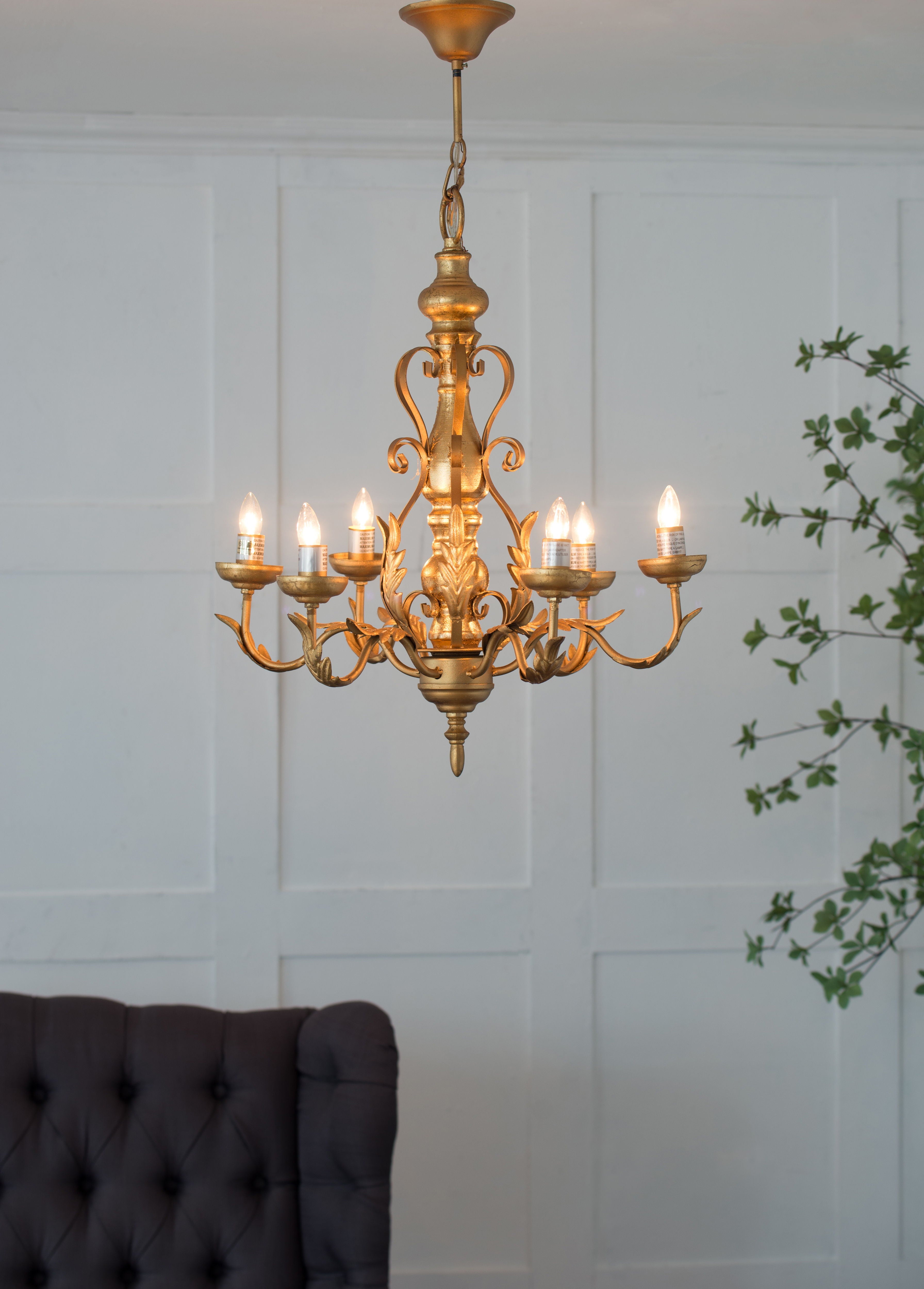 6 Light Chandelier, Hanging Light Fixture With Adjustable Chain For Kitchen Dining Room Foyer Entryway, Bulb Not Included - Gold