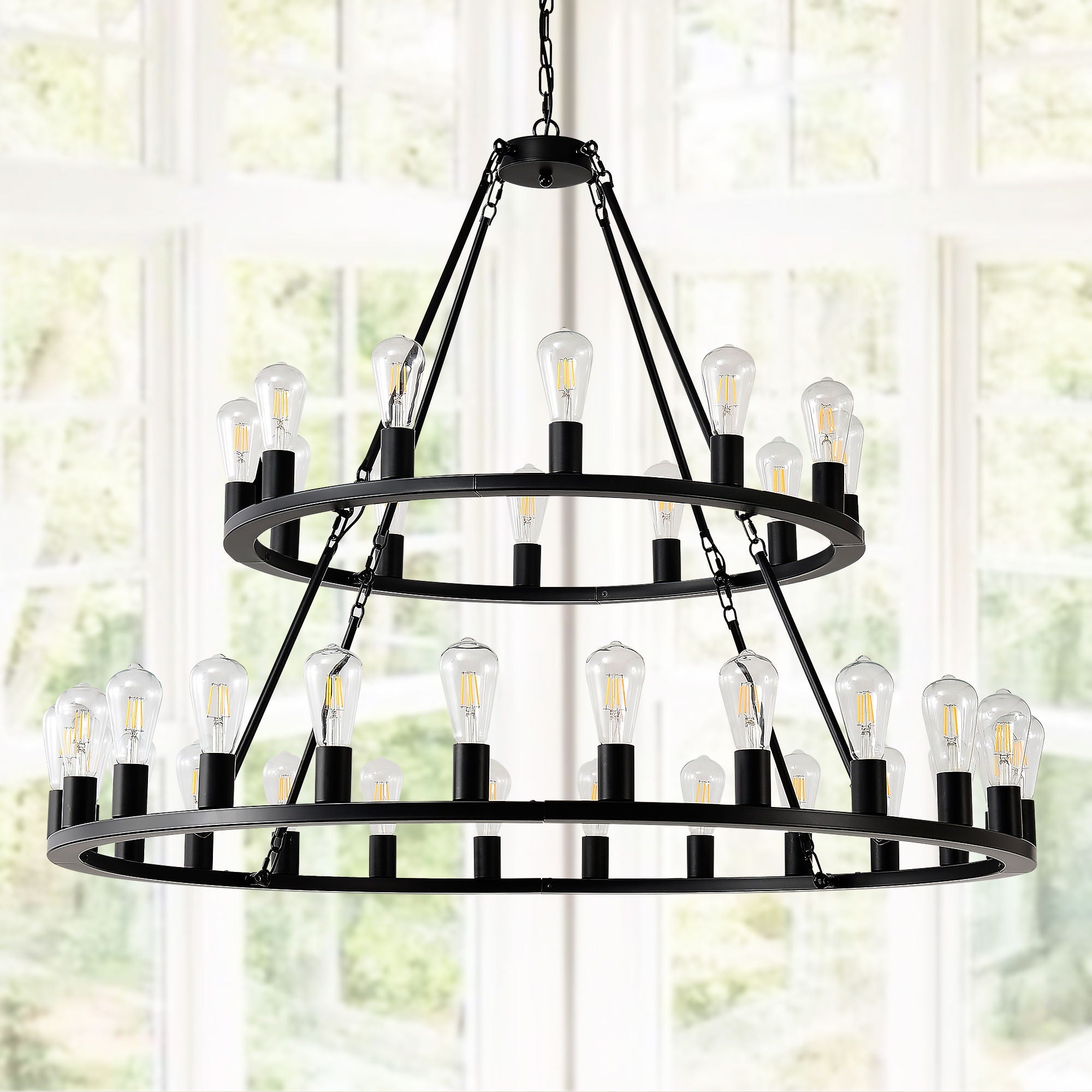 Extra Large Wagon Wheel Chandelier, 2 Tier 36 Lights (No Include) Farmhouse Industrial Round High Ceiling Pendant Light Adjustable Chain, For Dining Room, Living Room, Kitchen - Black