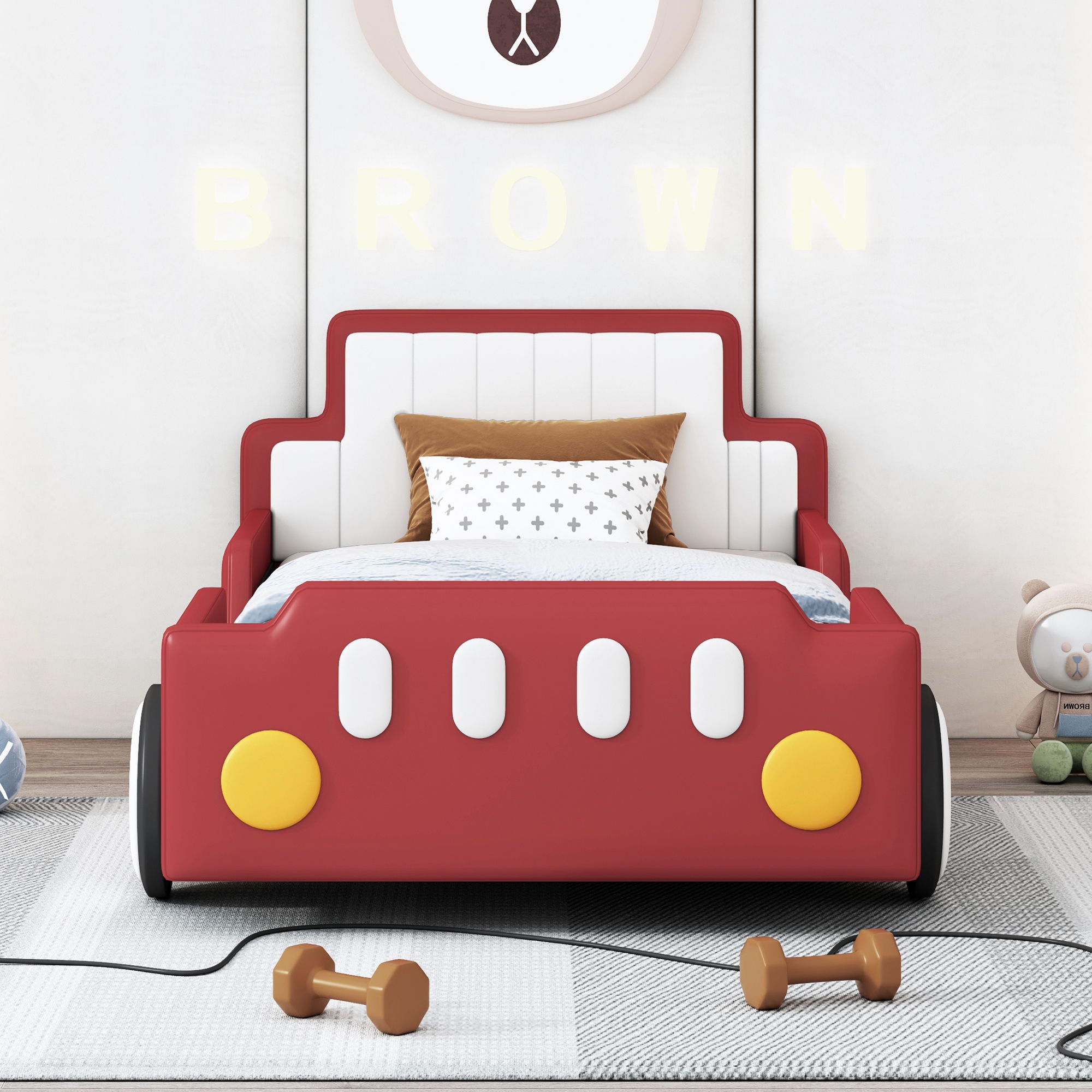 Twin Size Race Car Shaped Platform Bed & Wheels - Red