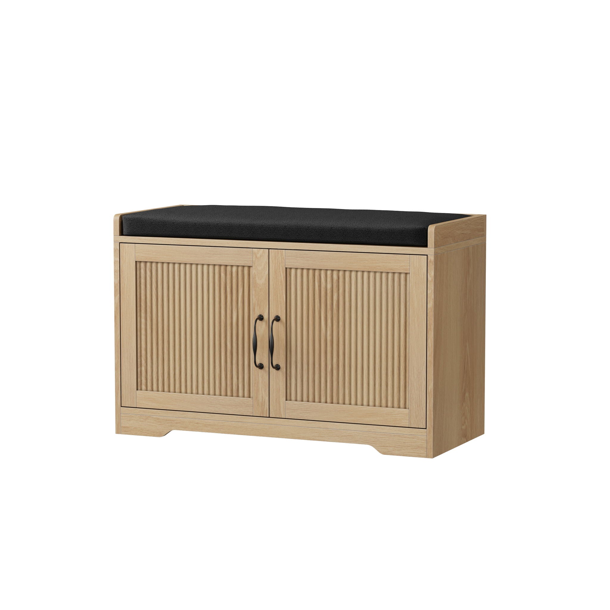 Entryway Shoe Bench With Double Doors, Upholstered Seat - Oak