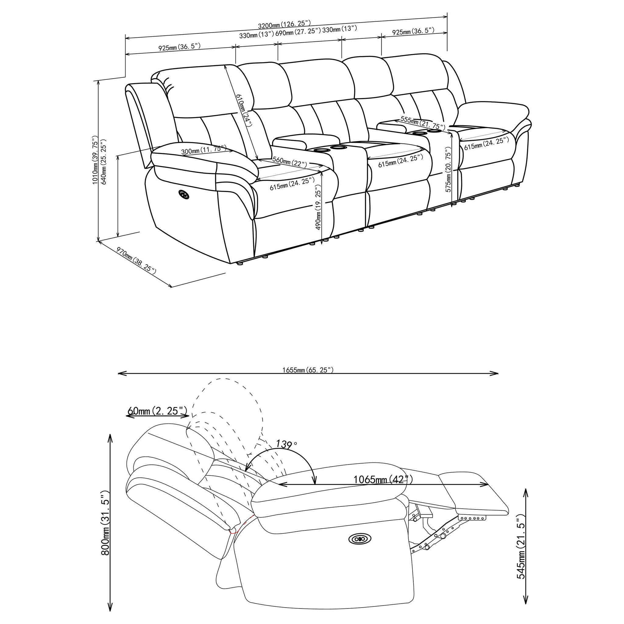 Divine - 5 Piece Power Reclining Home Theater Seating Set With Memory Foam Cushions And Storage Consoles