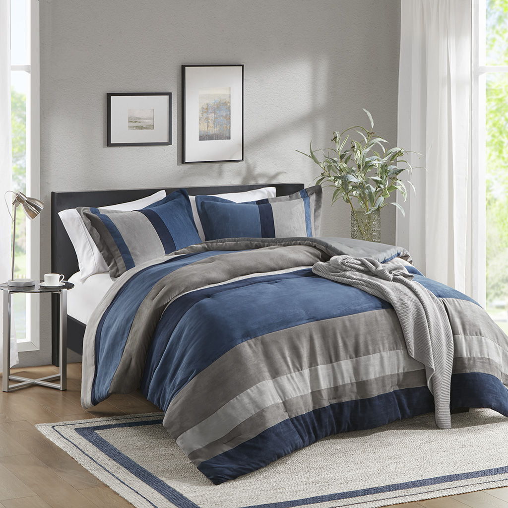 Boulder Stripe - King/California King Pieced Comforter Set - Blue