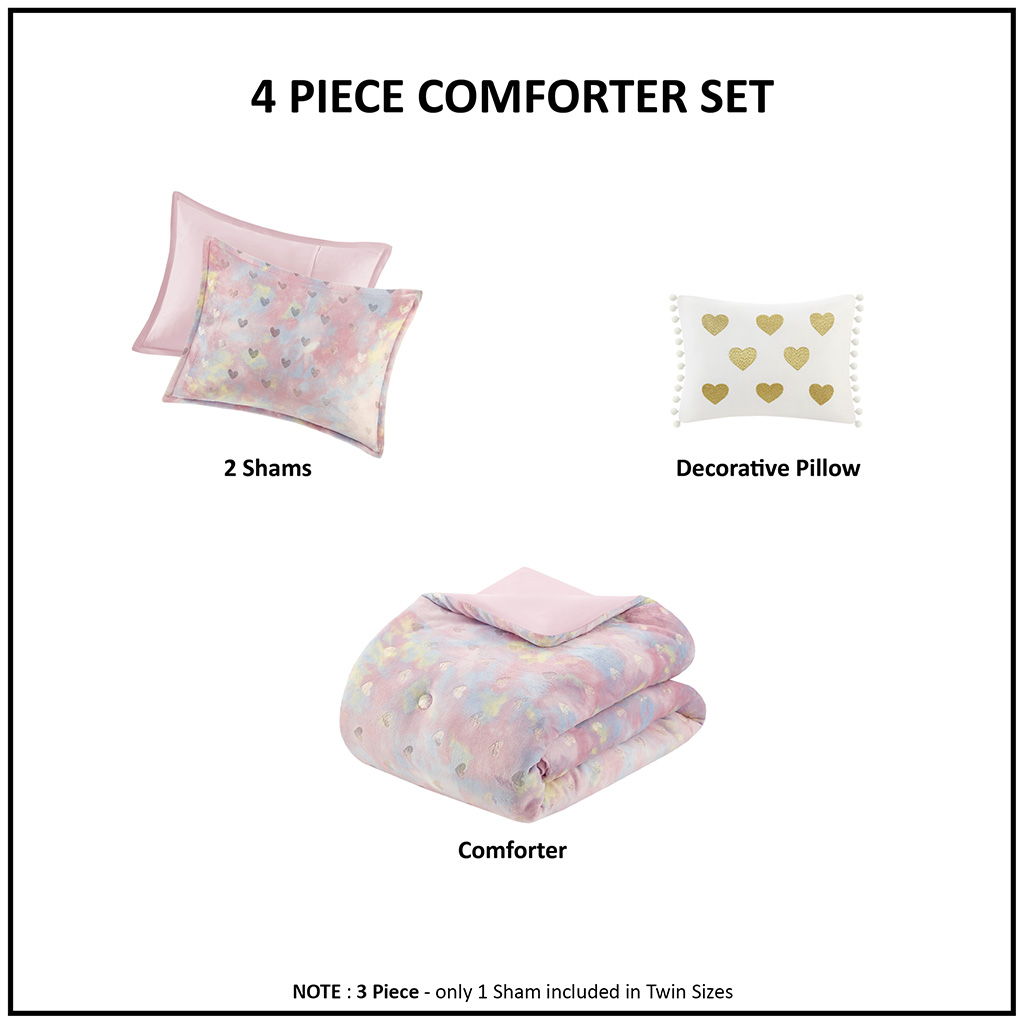 Rosalie - 4 Piece Full/Queen Metallic Printed Plush Comforter Set With Throw Pillow - Pink Multi/Gold