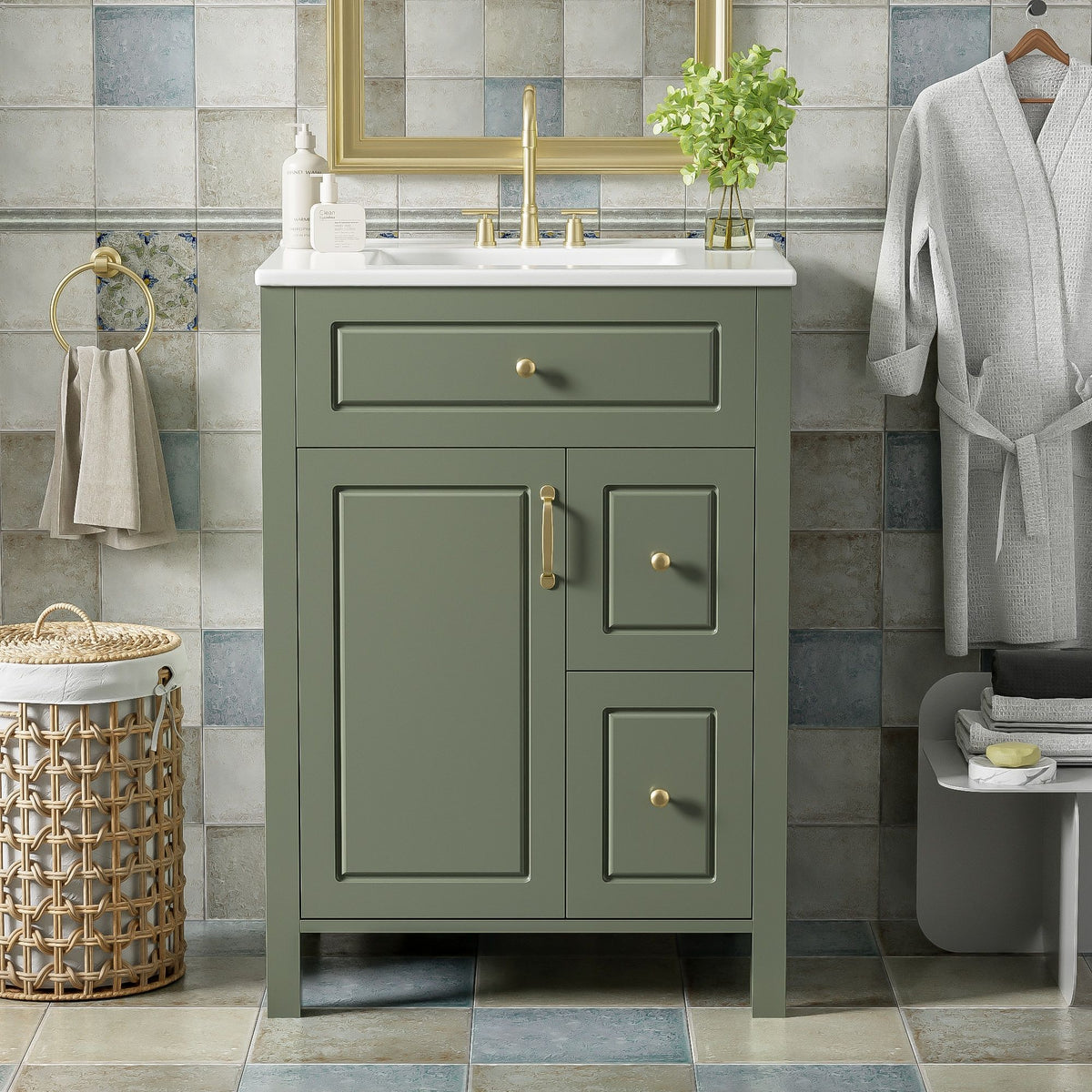 Elegant Bathroom Vanity With Ceramic Sink, Soft Close Doors And Drawers, Double Storage Racks