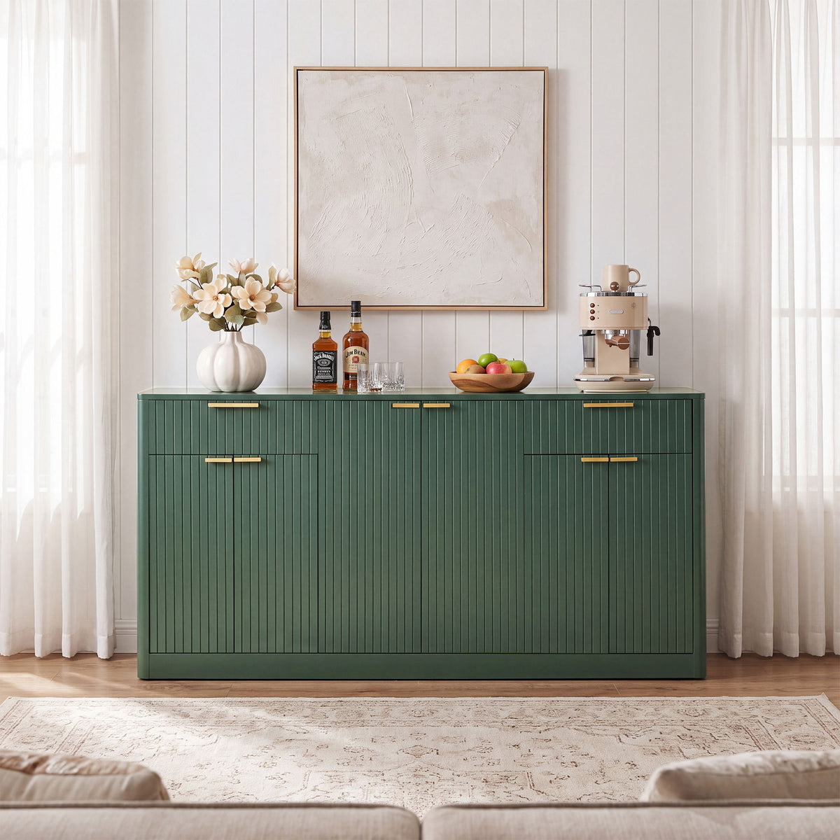 Large Fluted Buffet Sideboard, Wine Bar Storage Cabinet With 6 Doors & 2 Drawers