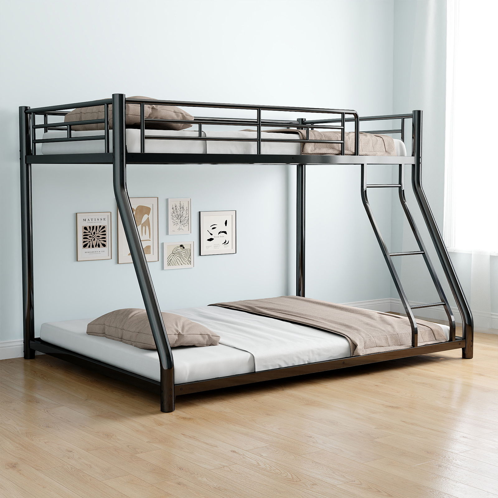 Bunk Bed Frame With Ladder And Guardrail, Heavy Duty Noise Free Design Metal Construction