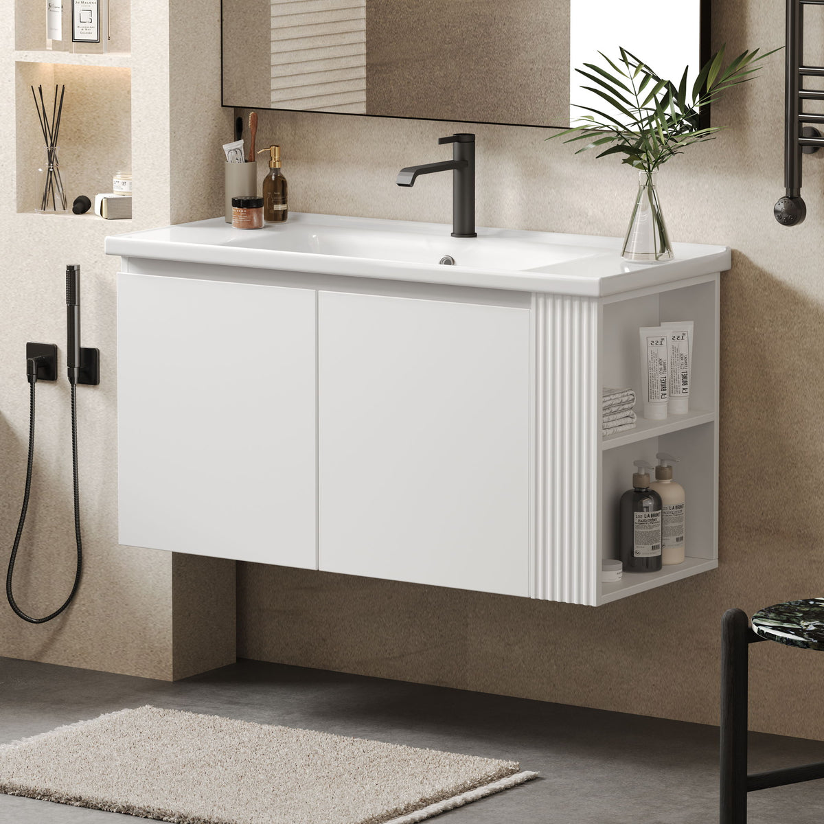 Wall Mounted Bathroom Vanity With Sink, 2 Open Shelves - White