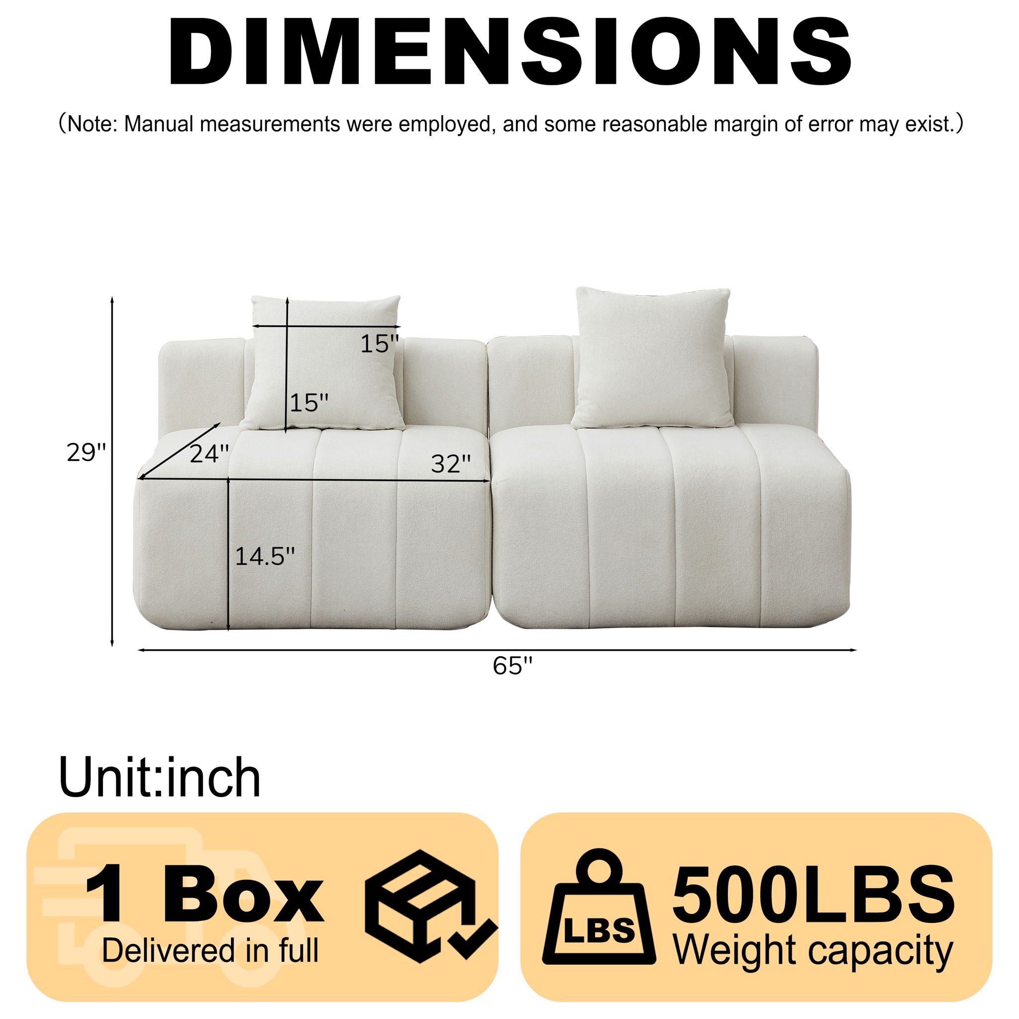 Modular Sectional Sofa With 2 Pillows, Symmetrical Design
