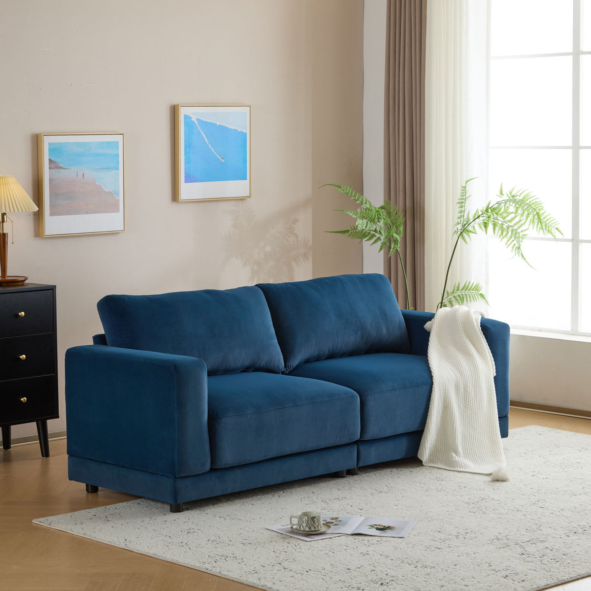Modern Square Arm Sofa With Soft Fabric Upholstery, Deep Cushions