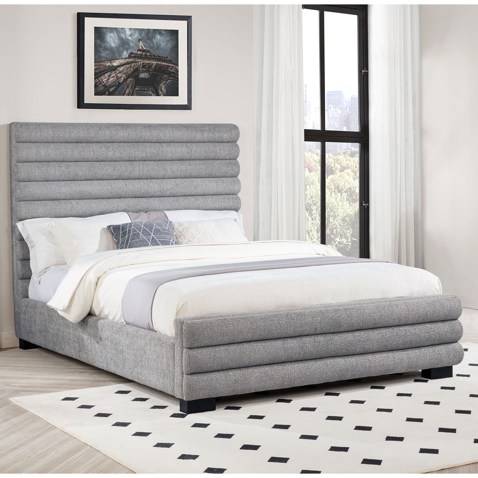 Queen Bed With Textured, And Tufted Headboard - Gray