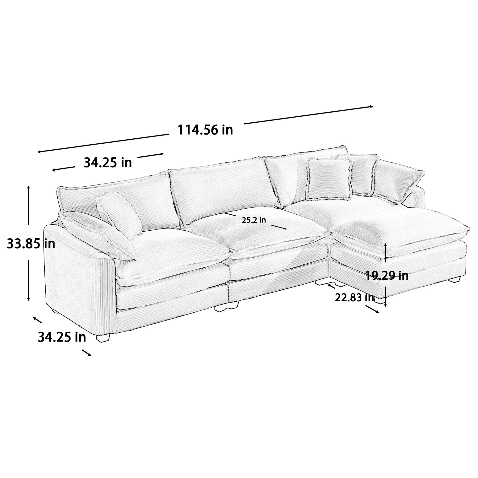 Modular Oversized Cushion Sofa With Ottoman, Low Back, Deep Seating Sofa Set