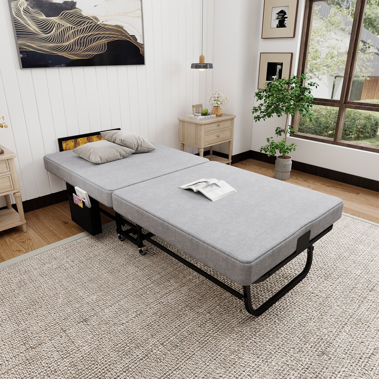 Twin Folding Bed With Headboard & USB Charging Station - Gray