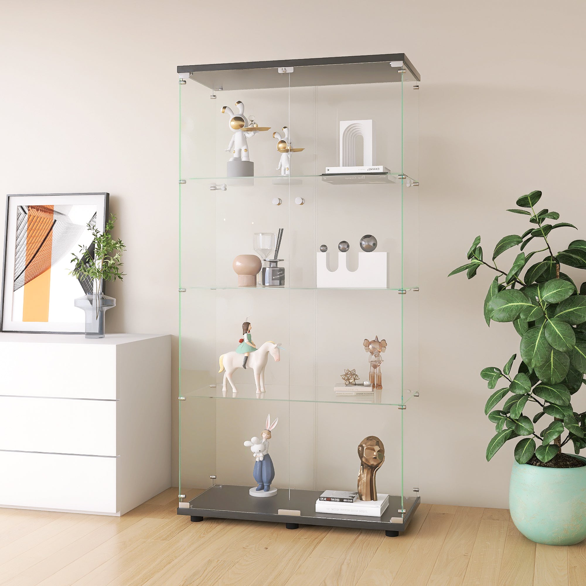 Two-door Glass Display Cabinet 4 Shelves with Door, Floor Standing Curio Bookshelf for Living Room Bedroom Office, 64.7"*31.7"*14.3",Black